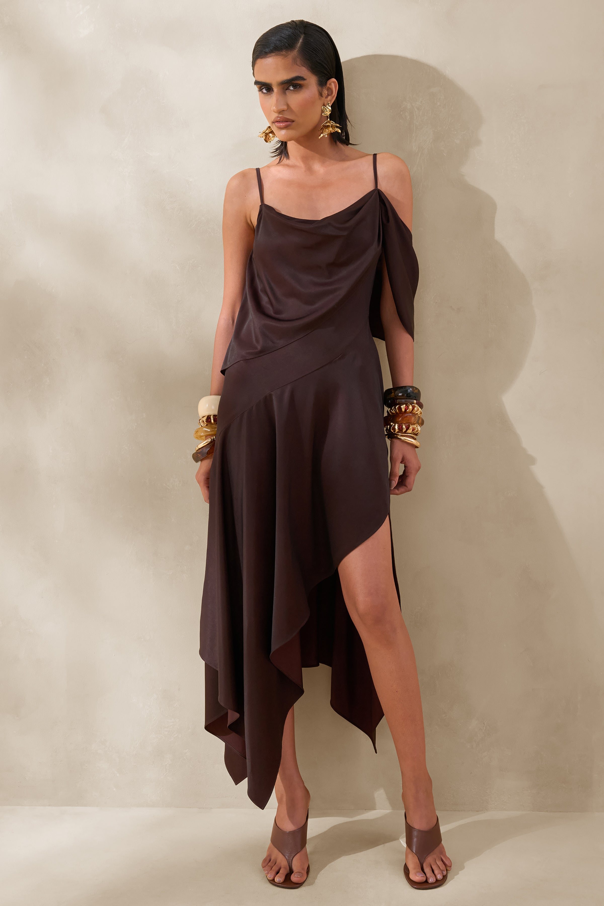 Helira | Brown Asymmetric Midi Dress With Draping Detailing and Open-Back