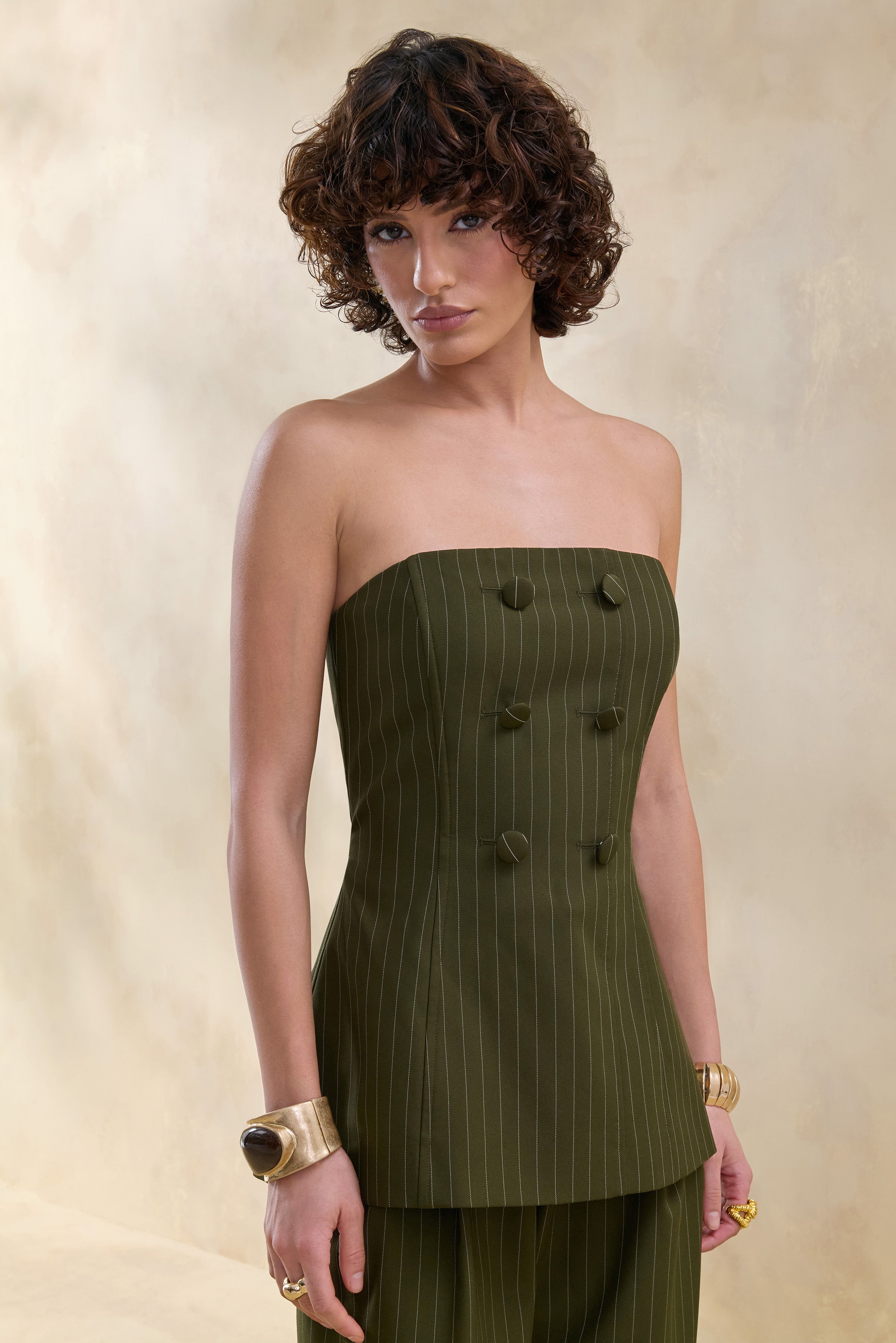 Fable | Olive Pinstripe Bandeau Tailored-Top