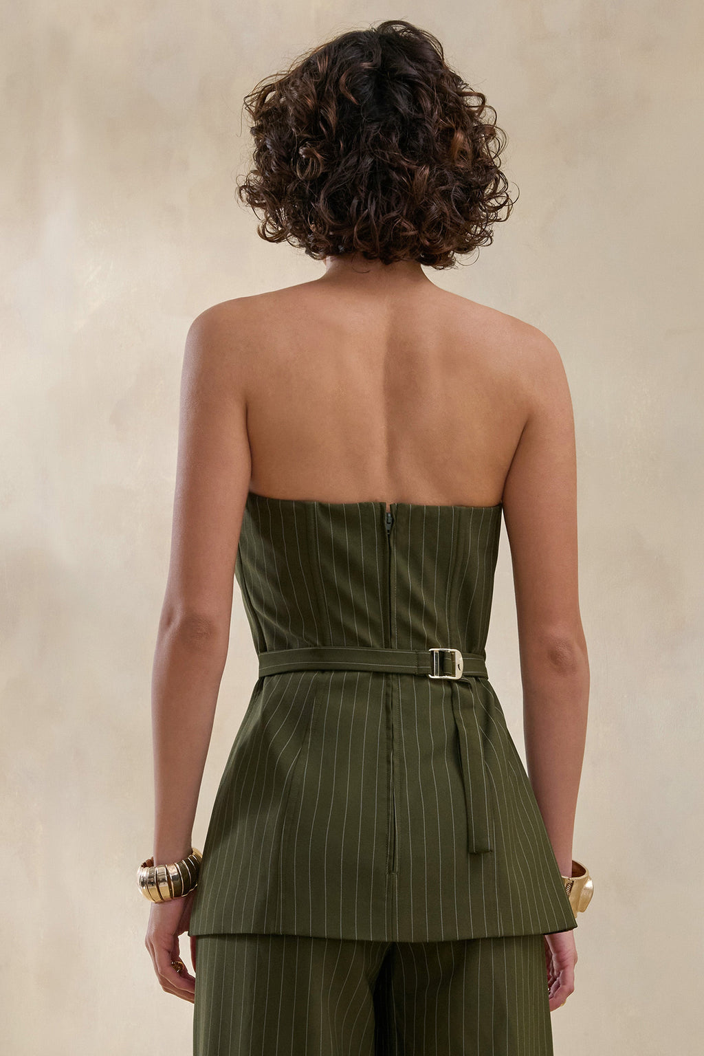 Fable | Olive Pinstripe Bandeau Tailored-Top