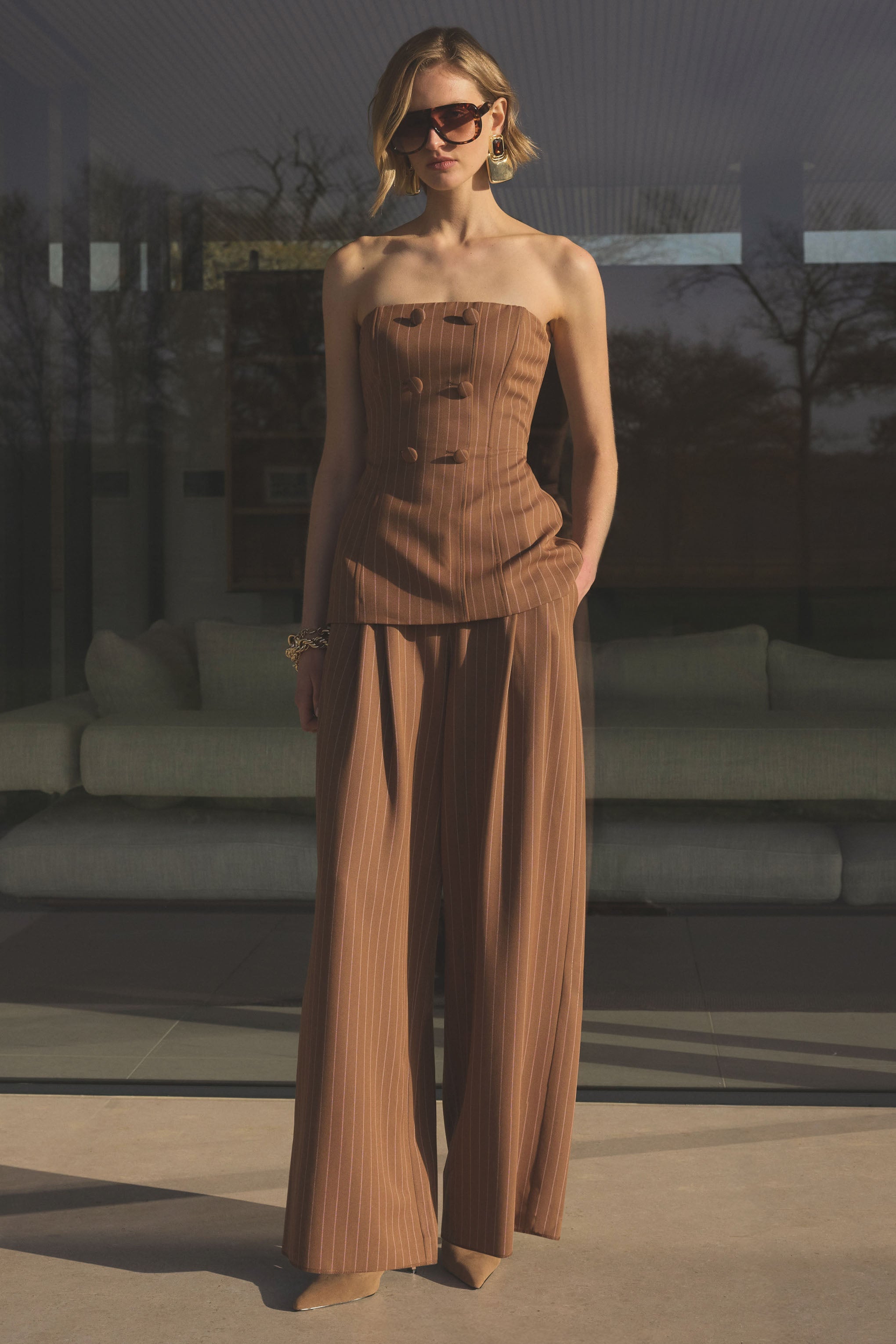 Meliva | Brown Pinstripe Wide-Leg Tailored Trouser