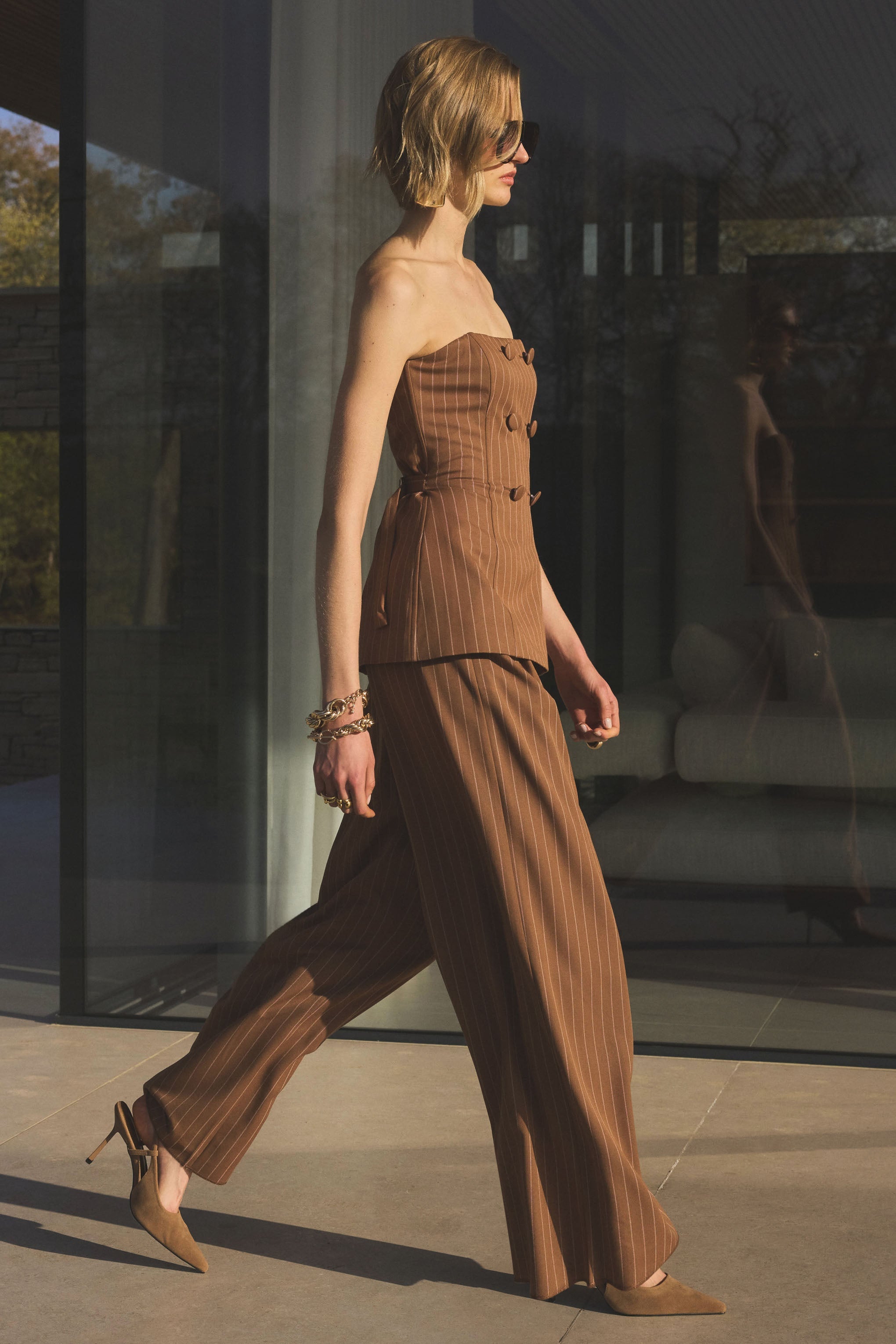 Meliva | Brown Pinstripe Wide-Leg Tailored Trouser