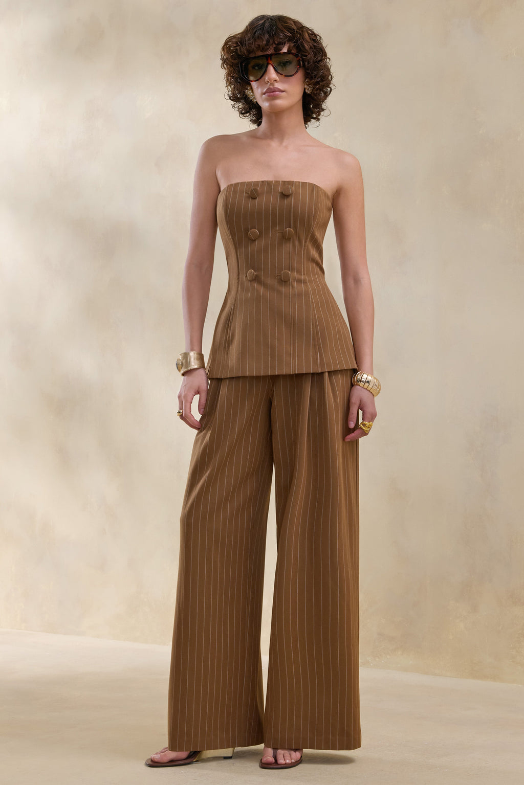 Meliva | Brown Pinstripe Wide-Leg Tailored Trouser