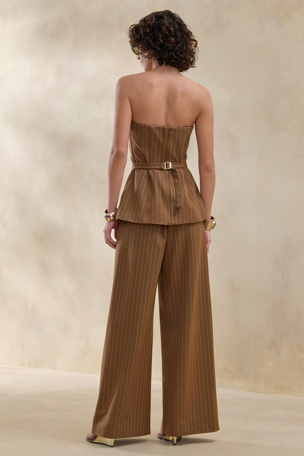Meliva | Brown Pinstripe Wide-Leg Tailored Trouser