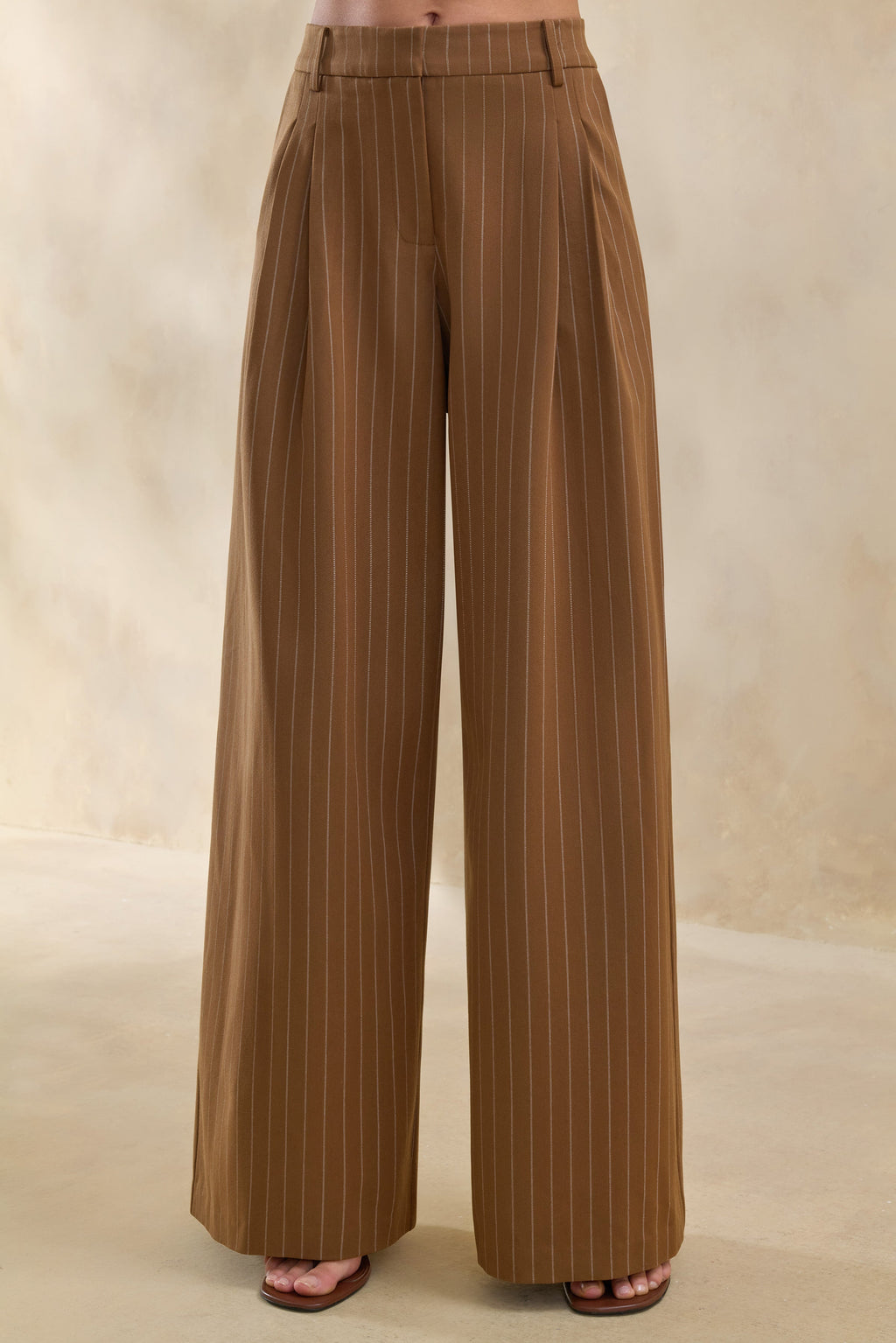 Meliva | Brown Pinstripe Wide-Leg Tailored Trouser