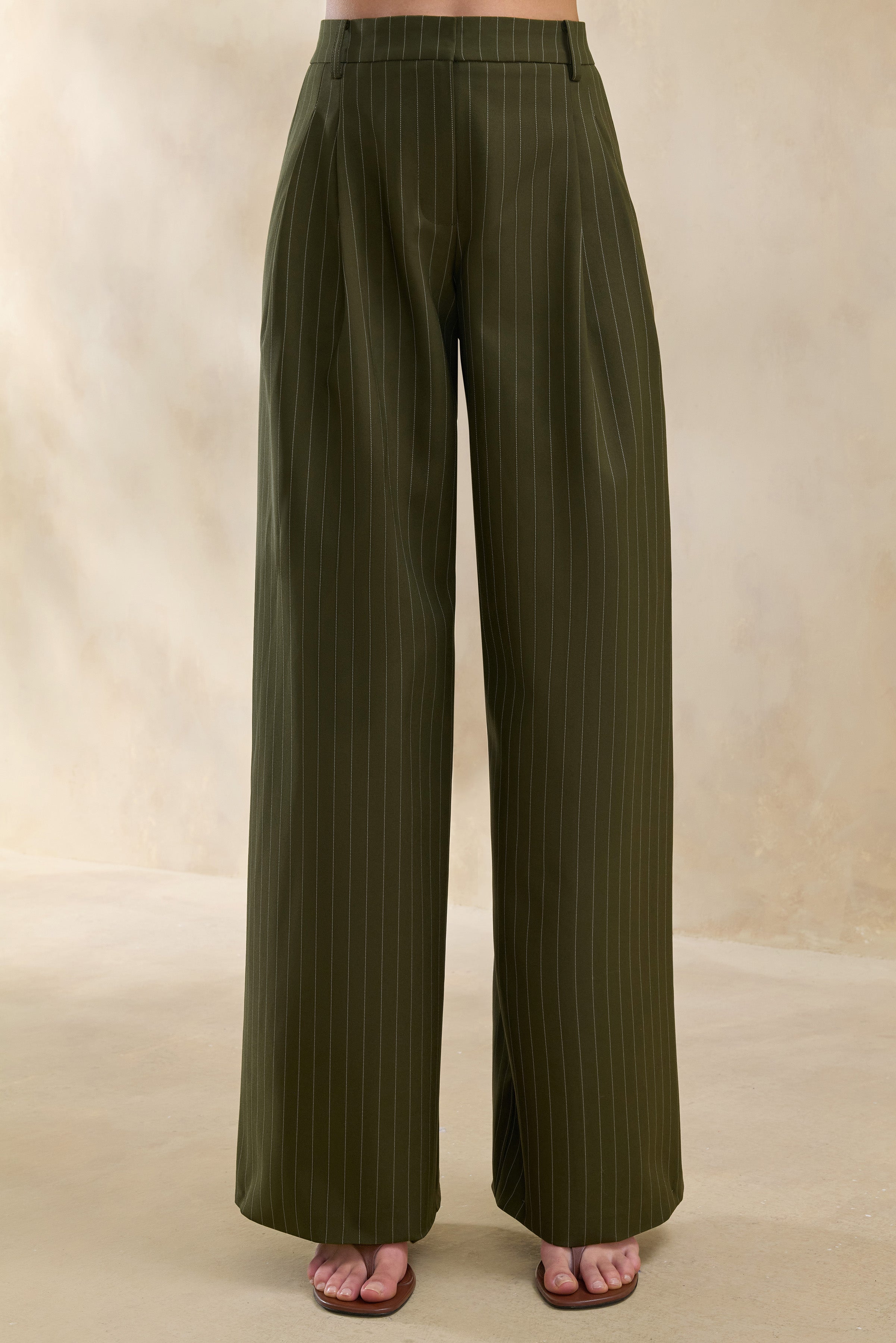 Hesper | Olive Pinstripe Wide-Leg Tailored Trouser