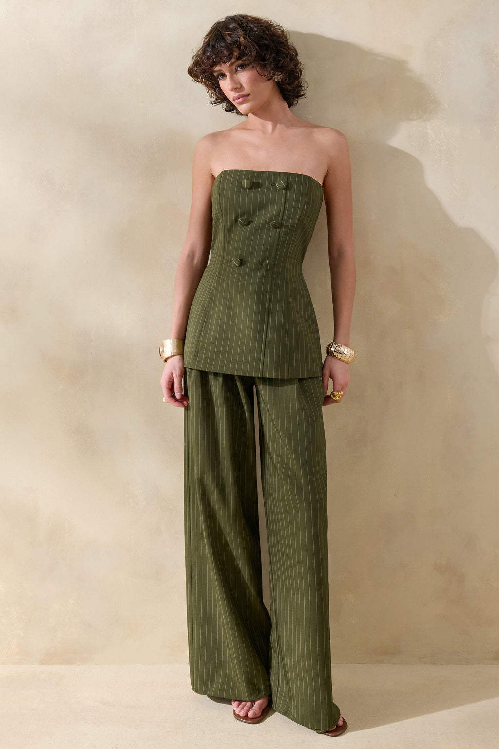 Hesper | Olive Pinstripe Wide-Leg Tailored Trouser