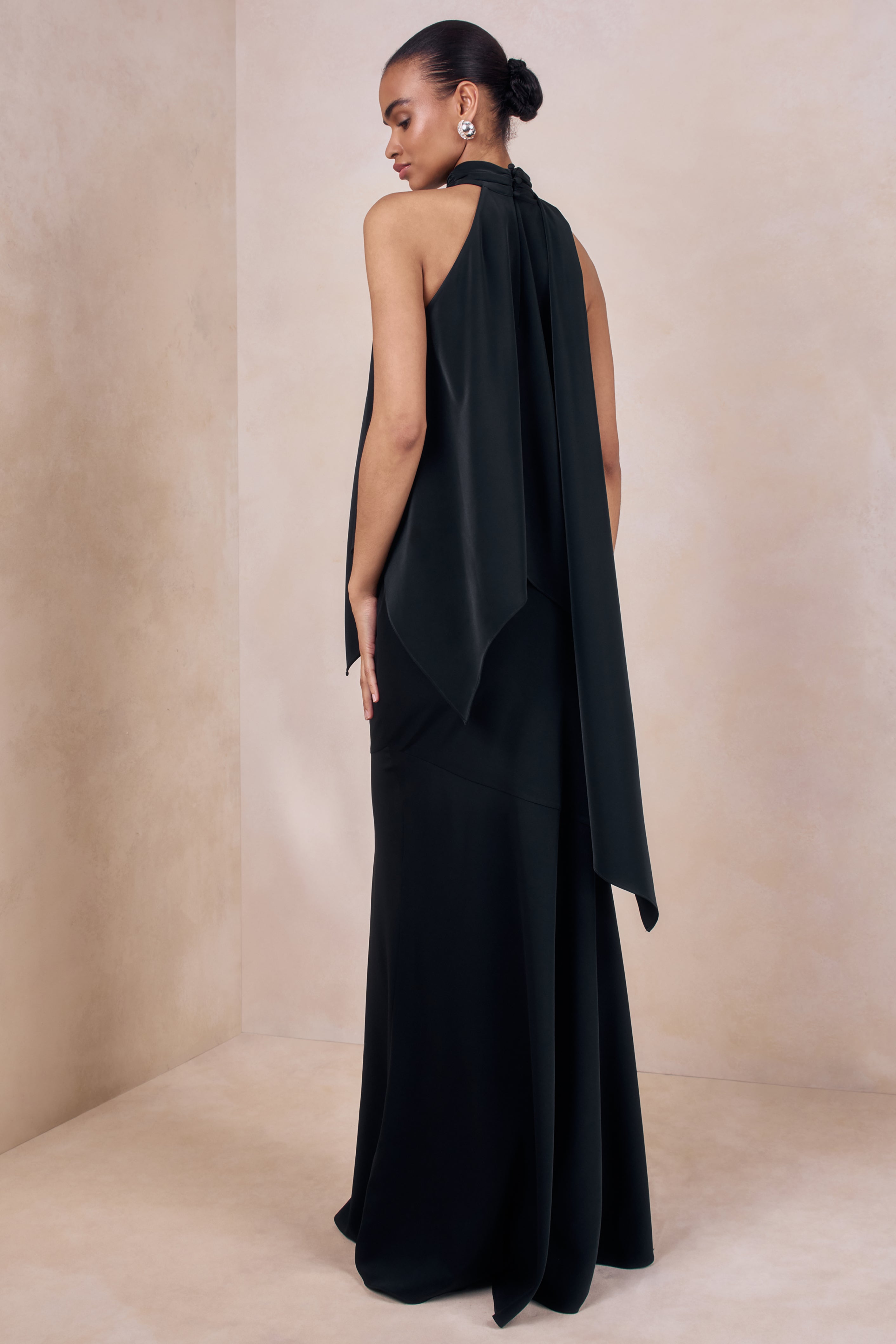 Vayla | Black Matte Satin Asymmetric Drop-Waist Maxi Skirt