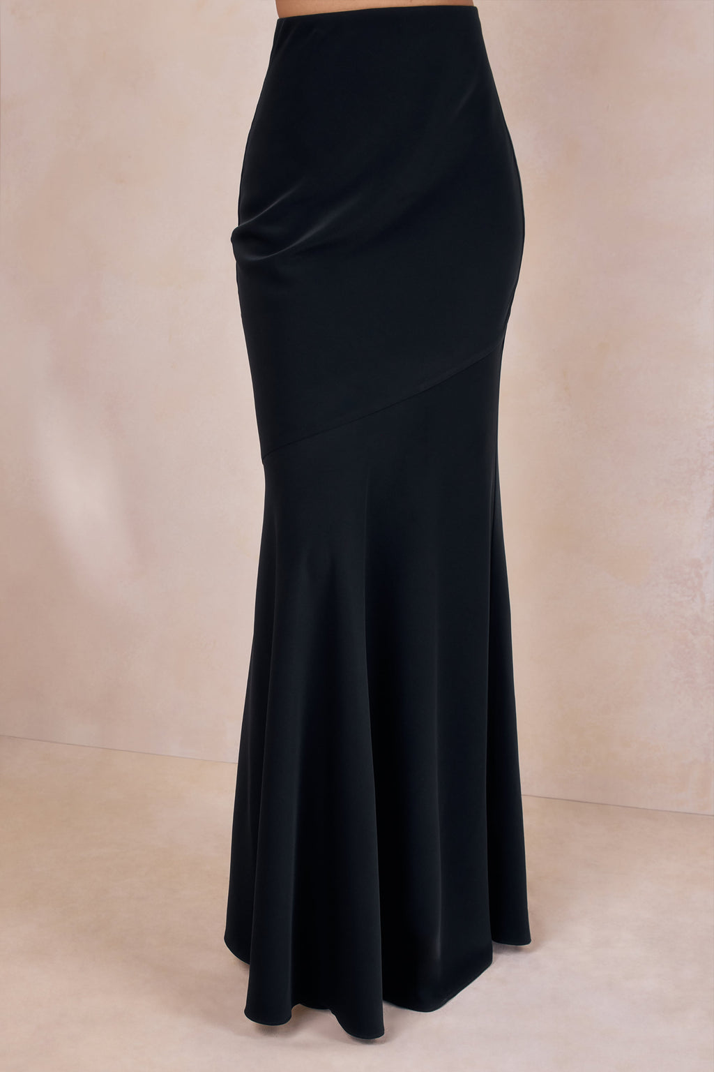 Vayla | Black Matte Satin Asymmetric Drop-Waist Maxi Skirt