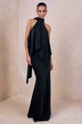 Vayla | Black Matte Satin Asymmetric Drop-Waist Maxi Skirt
