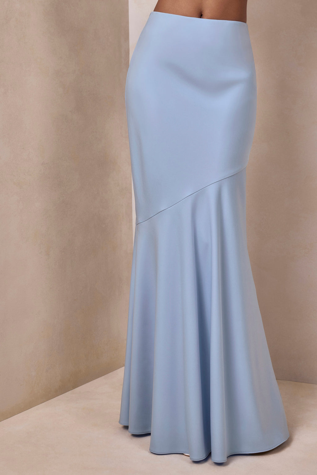 Vayla | Powder Blue Matte Satin Asymmetric Drop-Waist Maxi Skirt