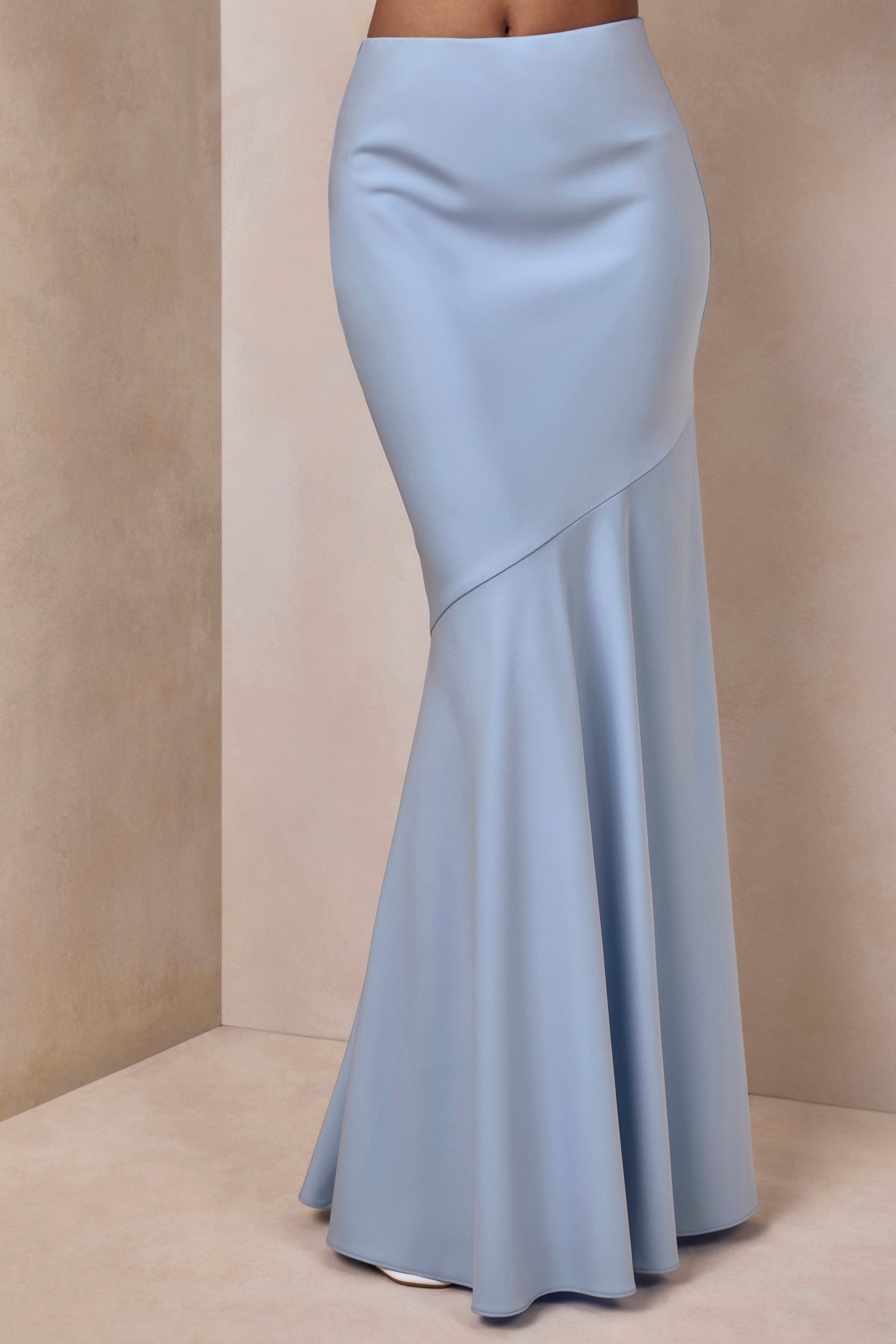 Vayla | Powder Blue Matte Satin Asymmetric Drop-Waist Maxi Skirt