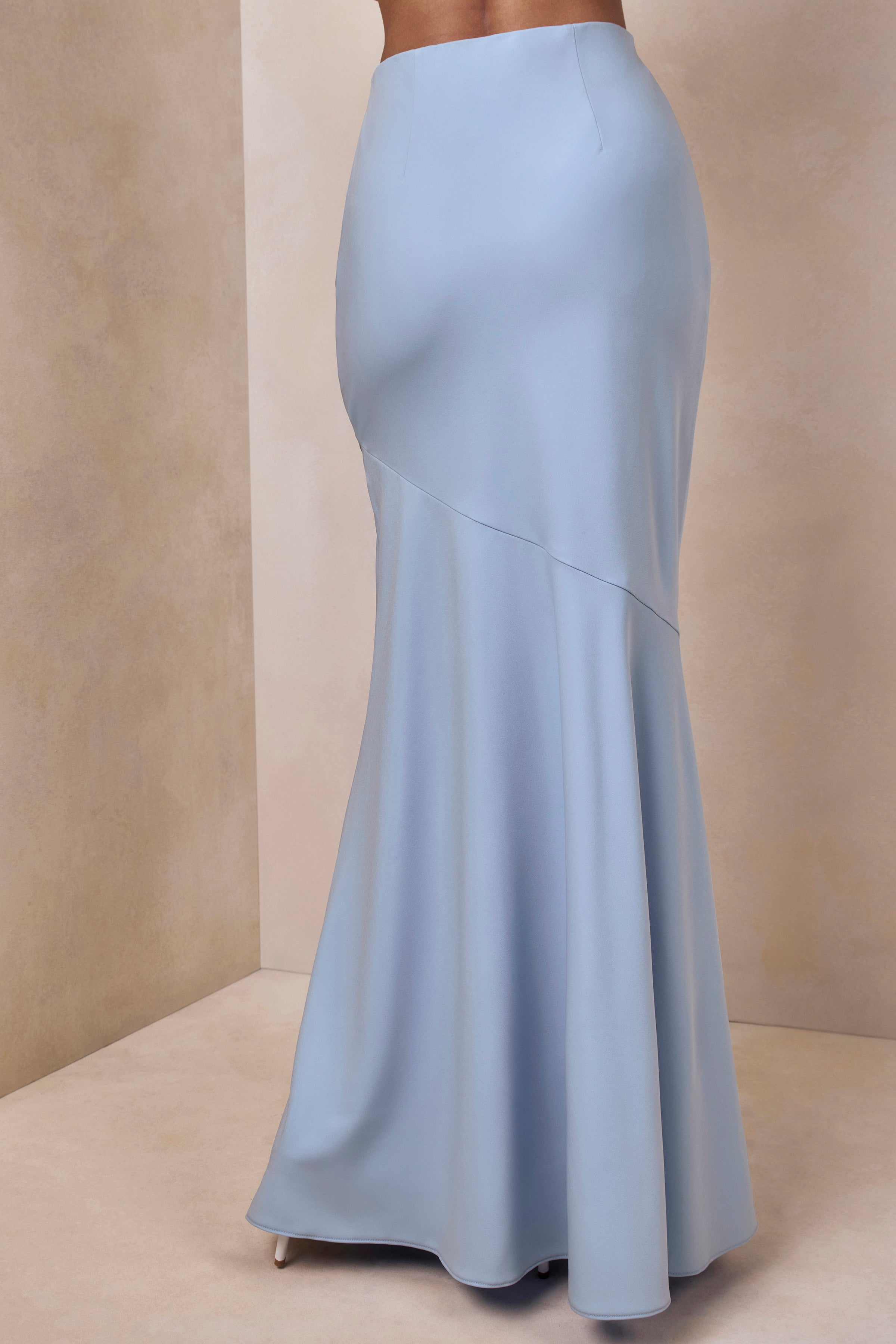 Vayla | Powder Blue Matte Satin Asymmetric Drop-Waist Maxi Skirt