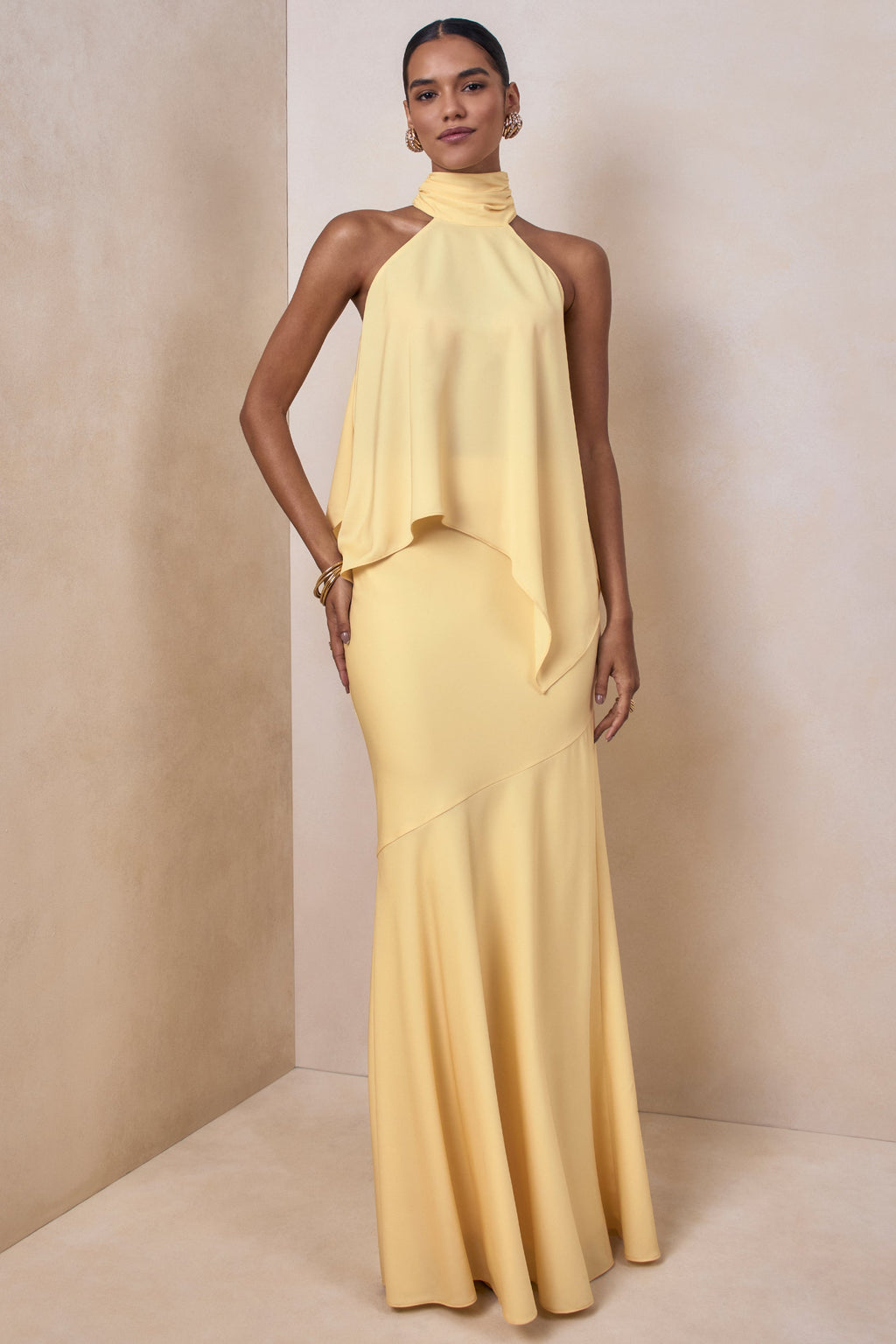 Vayla | Lemon Matte Satin Asymmetric Drop-Waist Maxi Skirt