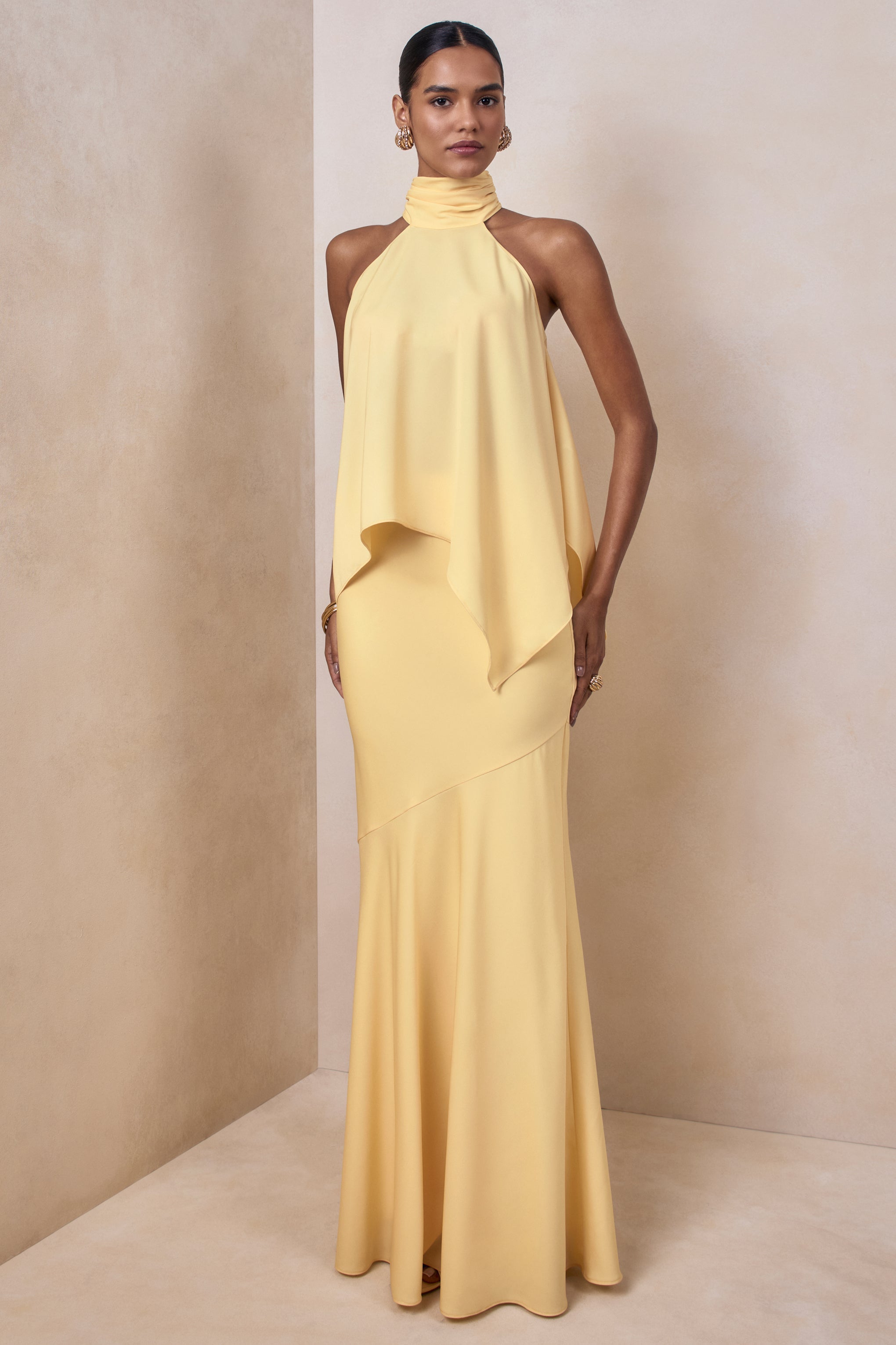Vayla | Lemon Matte Satin Asymmetric Drop-Waist Maxi Skirt