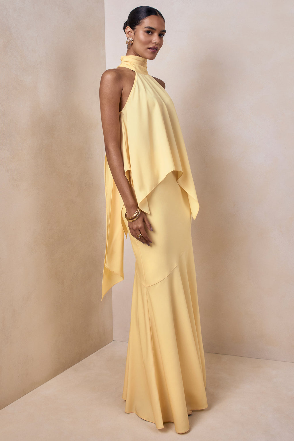 Vayla | Lemon Matte Satin Asymmetric Drop-Waist Maxi Skirt
