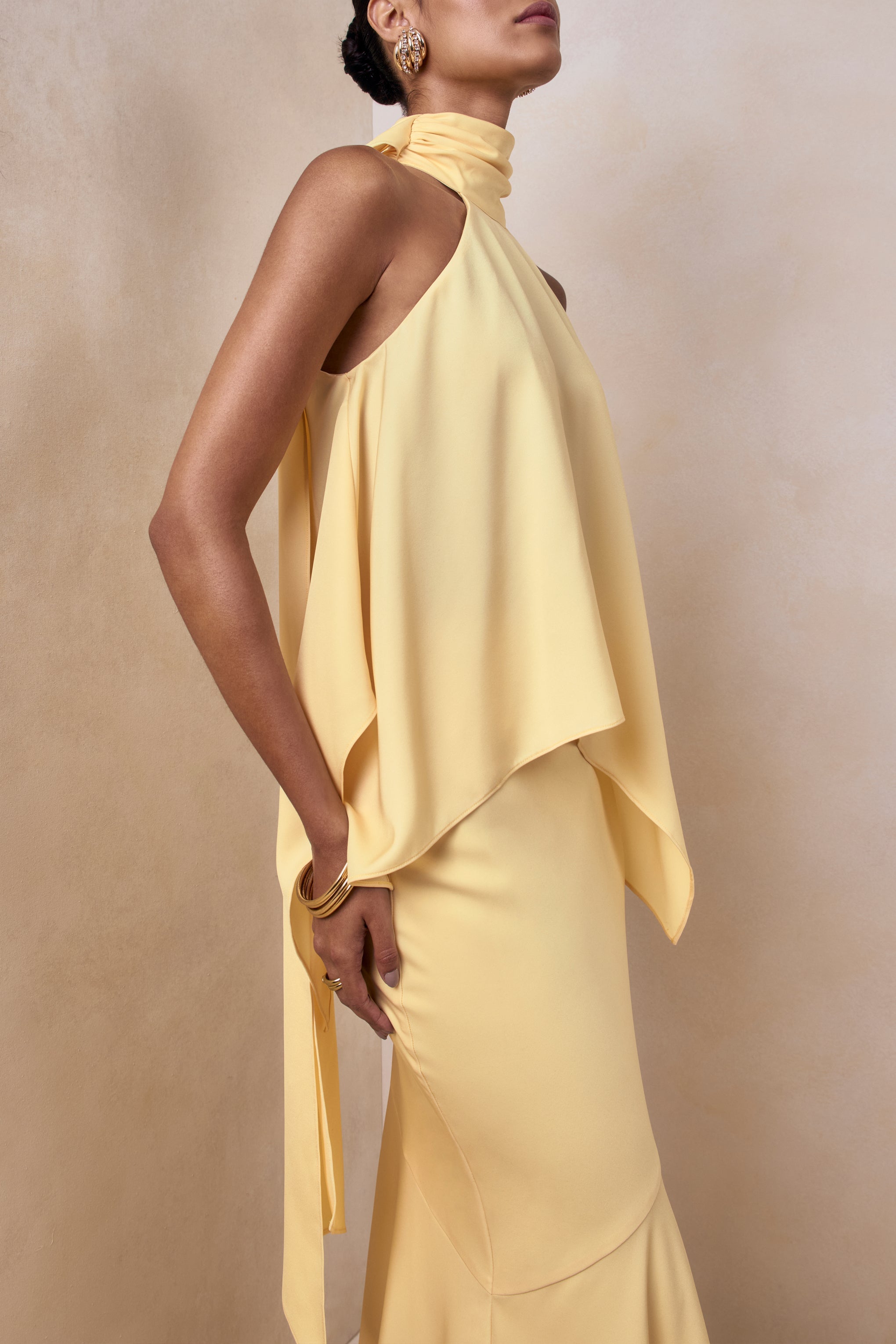 Vayla | Lemon Matte Satin Asymmetric Drop-Waist Maxi Skirt