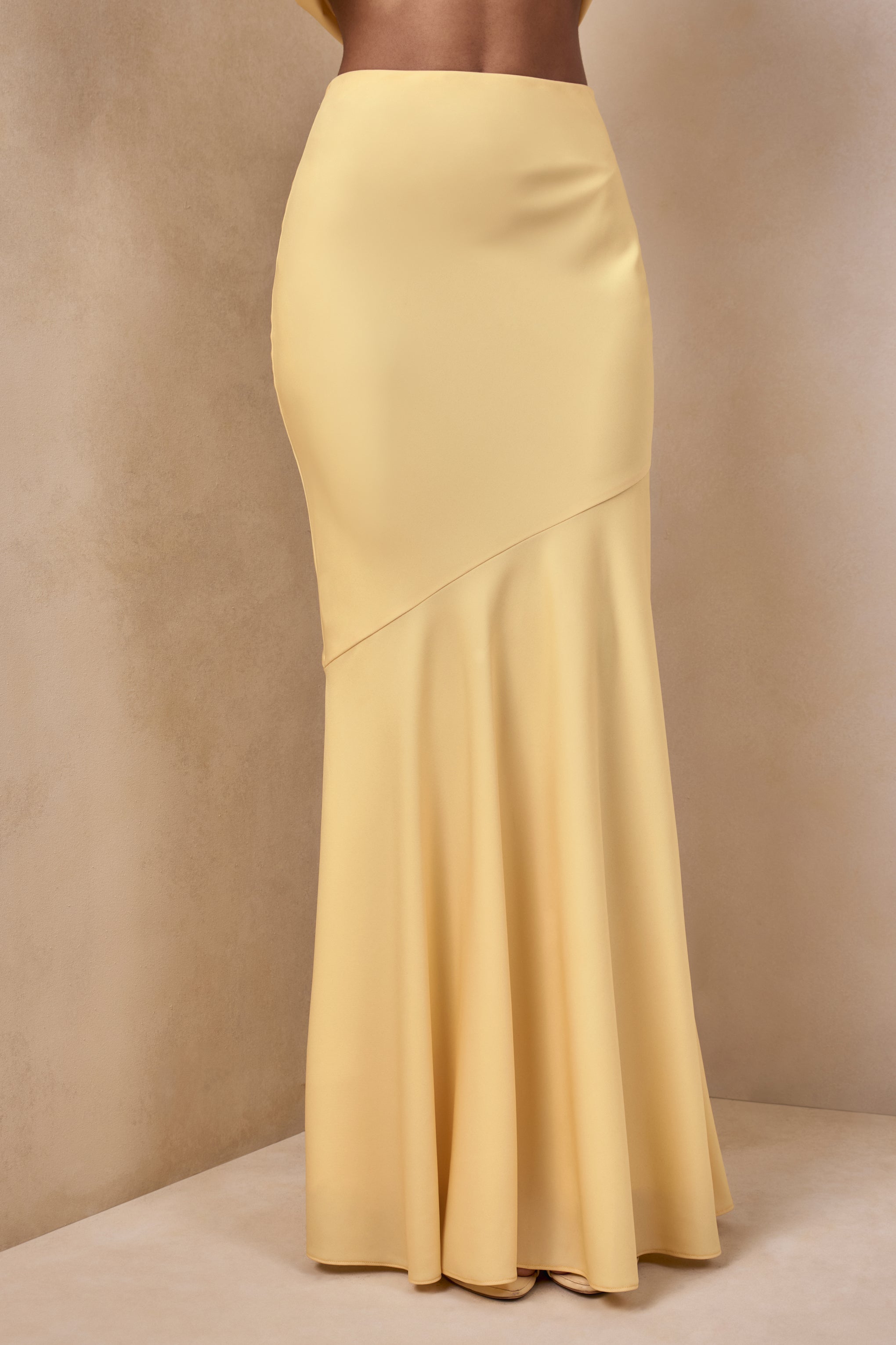 Vayla | Lemon Matte Satin Asymmetric Drop-Waist Maxi Skirt