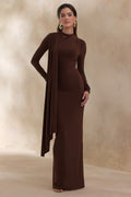Amaria | Brown High-Neck Maxi Dress With Sash-Detail