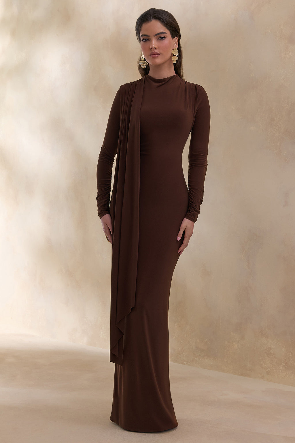 Amaria | Brown High-Neck Maxi Dress With Sash-Detail