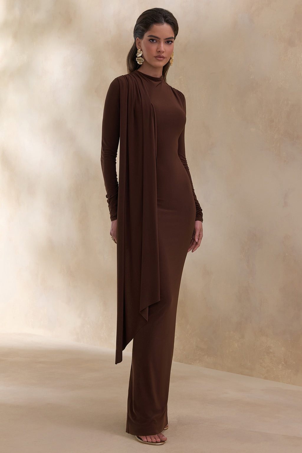 Amaria | Brown High-Neck Maxi Dress With Sash-Detail