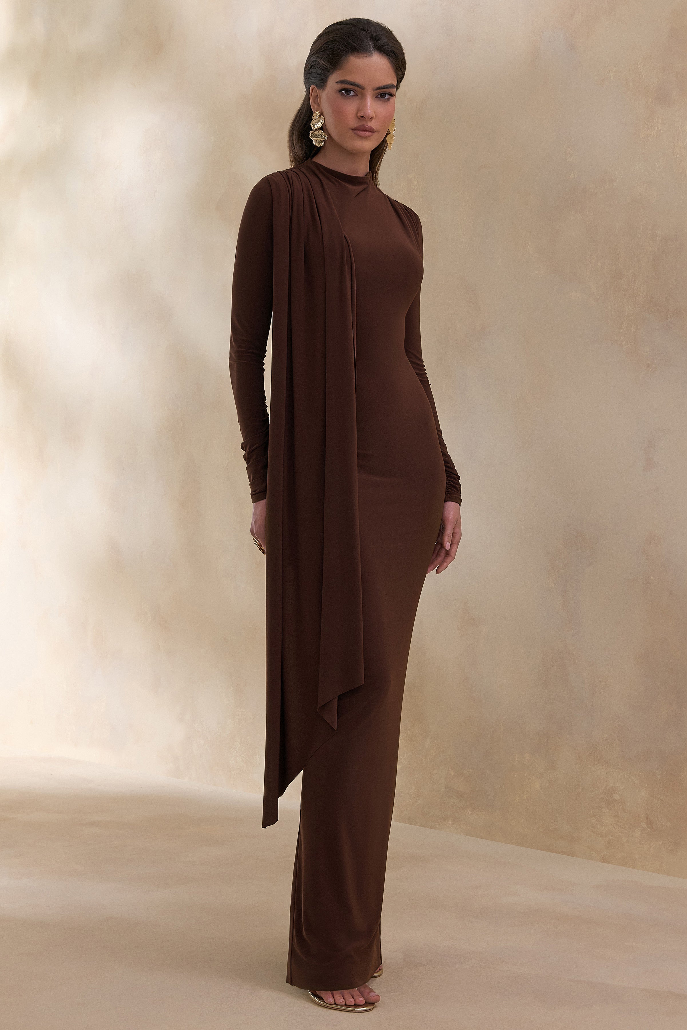 Amaria | Brown High-Neck Maxi Dress With Sash-Detail