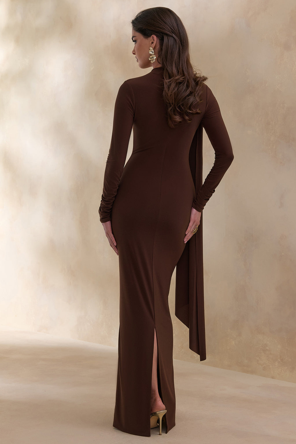 Amaria | Brown High-Neck Maxi Dress With Sash-Detail