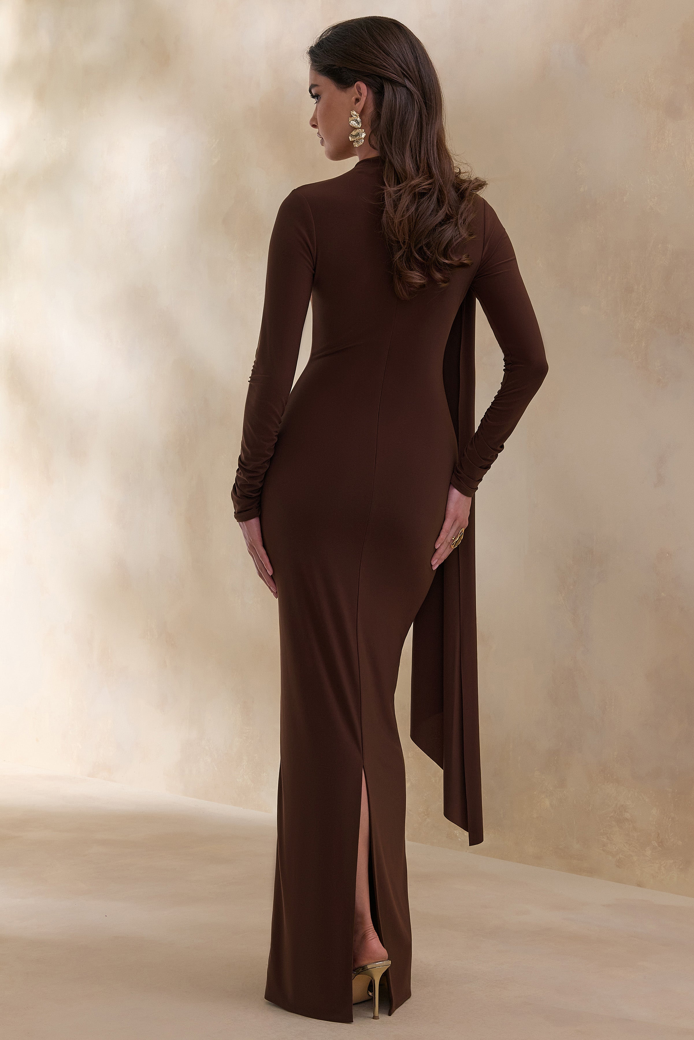 Amaria | Brown High-Neck Maxi Dress With Sash-Detail