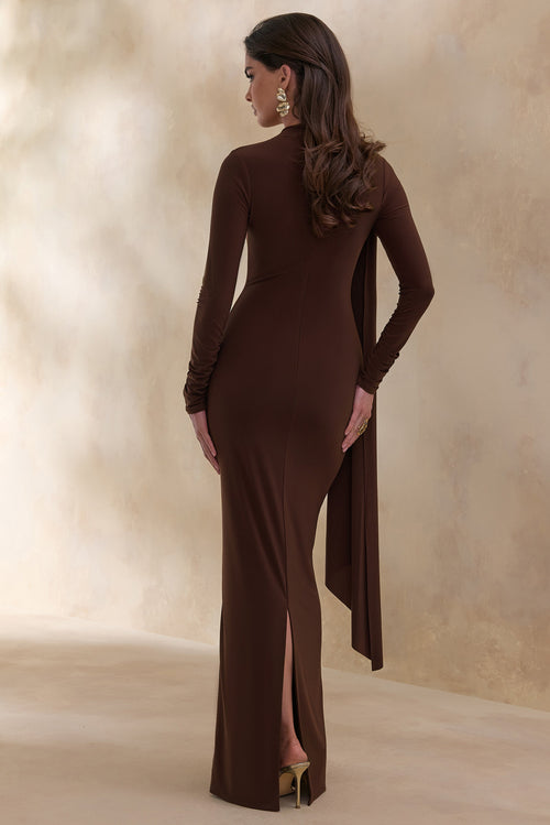 Amaria | Brown High-Neck Maxi Dress With Sash-Detail