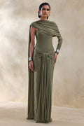 Trisara | Olive Asymmetric-Neck Maxi Dress With Gathered-Detailing And Sash