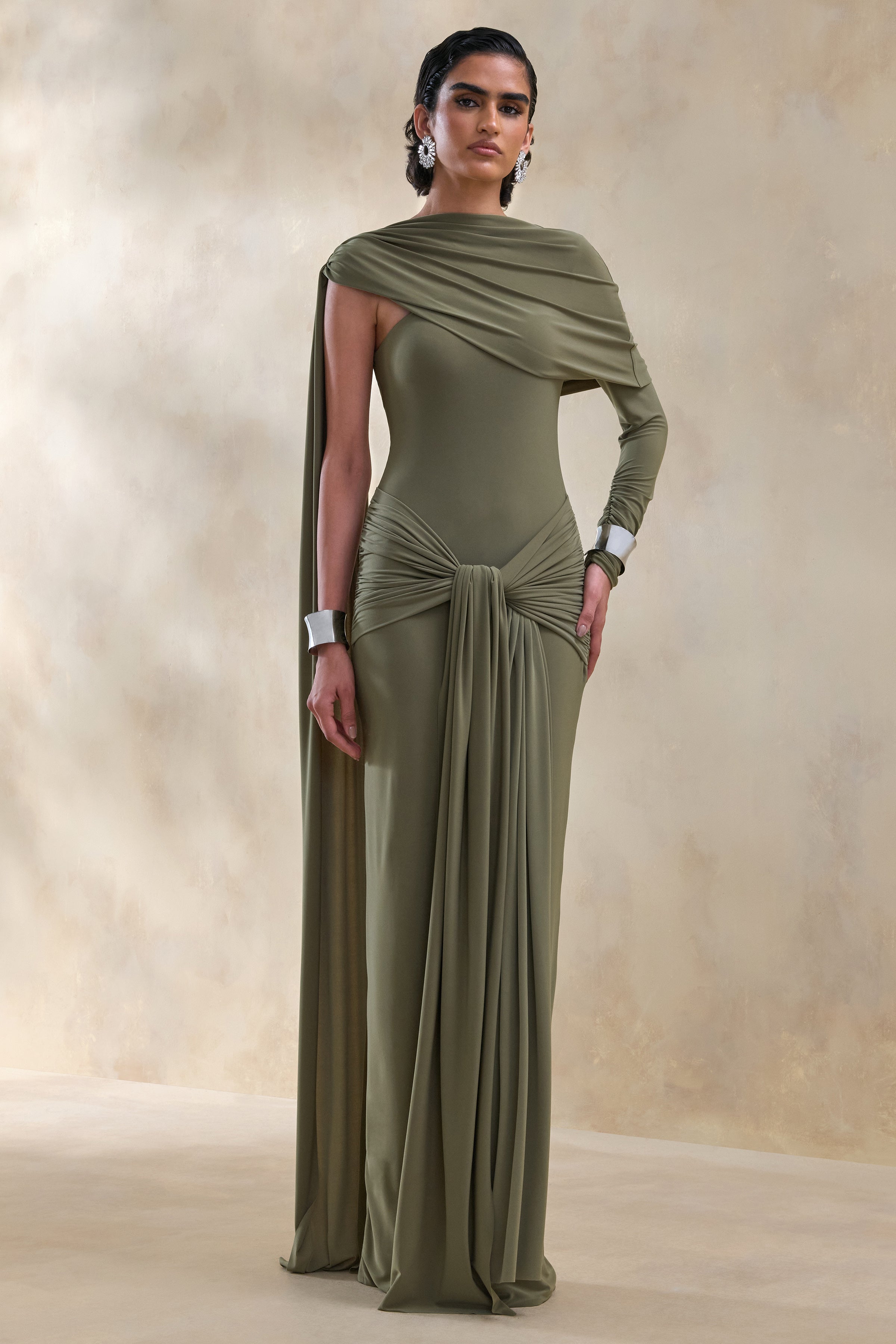 Trisara | Olive Asymmetric-Neck Maxi Dress With Gathered-Detailing And Sash
