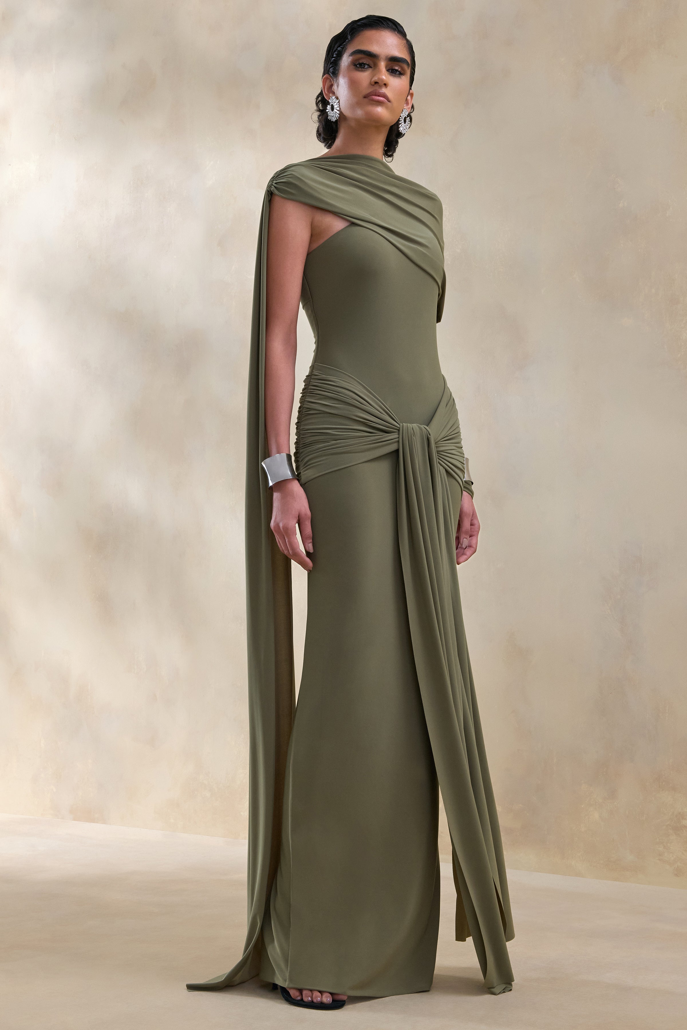 Trisara | Olive Asymmetric-Neck Maxi Dress With Gathered-Detailing And Sash