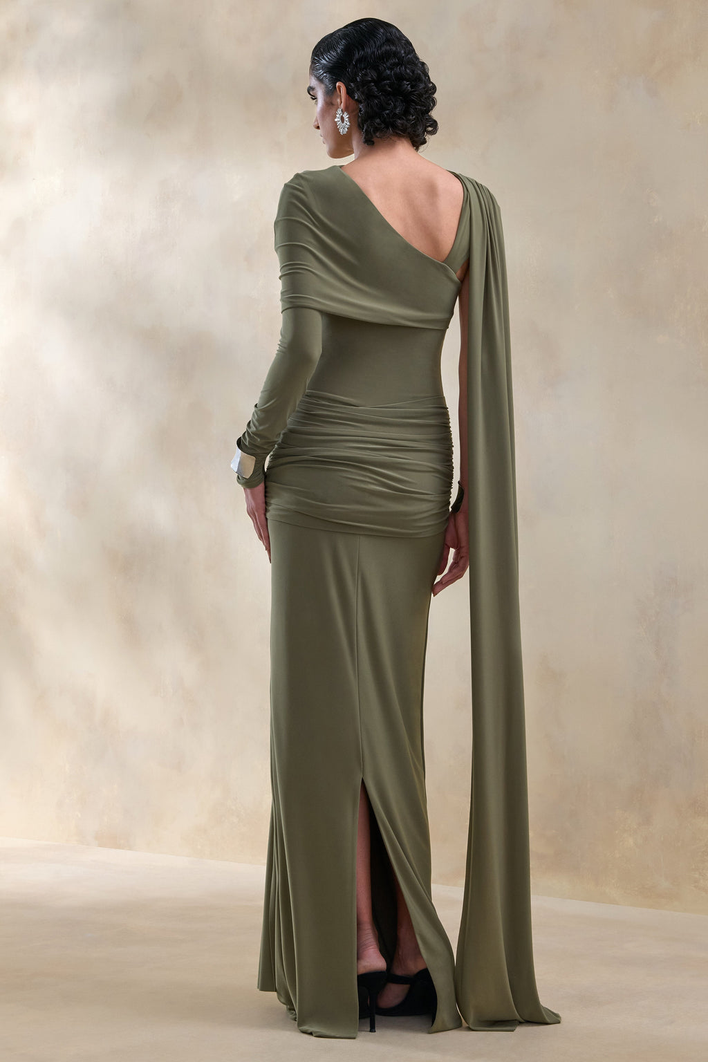 Trisara | Olive Asymmetric-Neck Maxi Dress With Gathered-Detailing And Sash