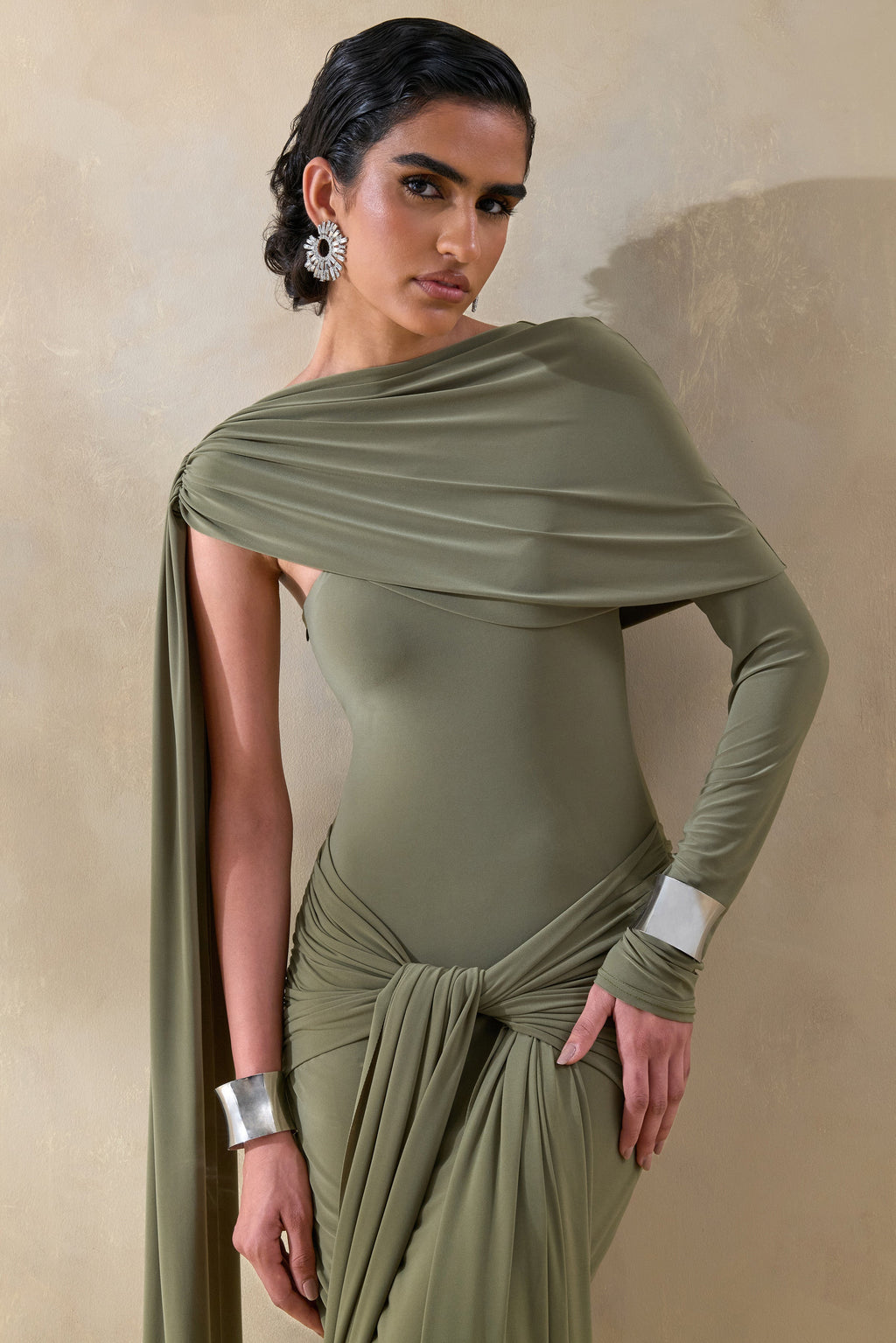 Trisara | Olive Asymmetric-Neck Maxi Dress With Gathered-Detailing And Sash