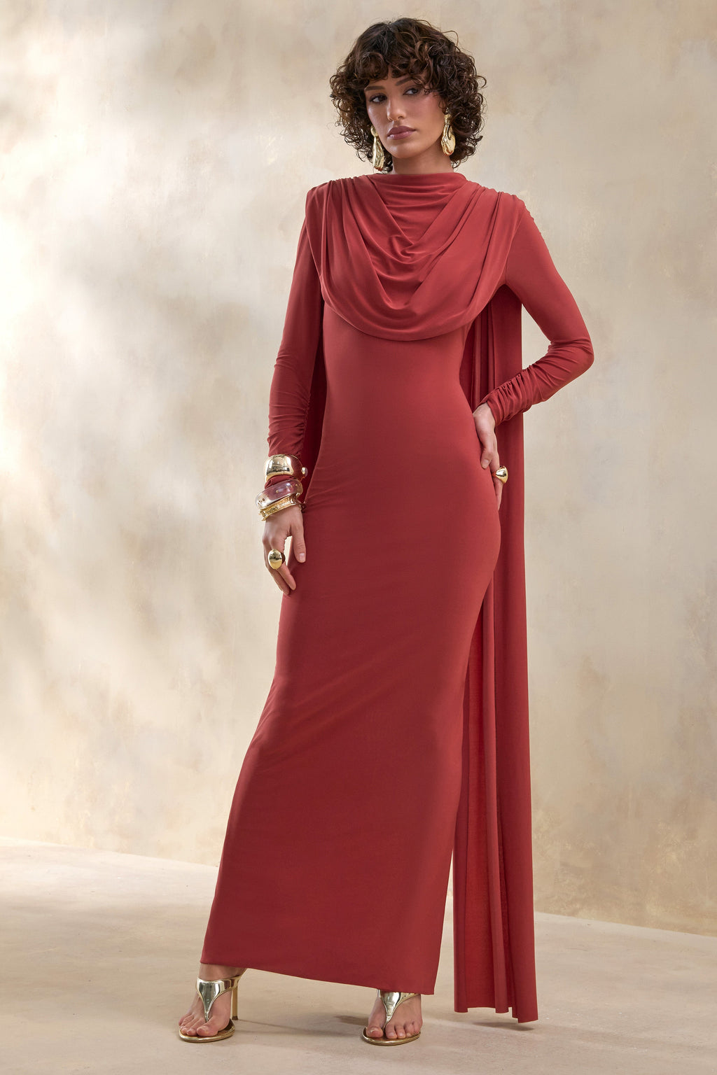 Lysoria | Rust High-Neck Maxi Dress With Draped-Detailing And Cape-Sleeves