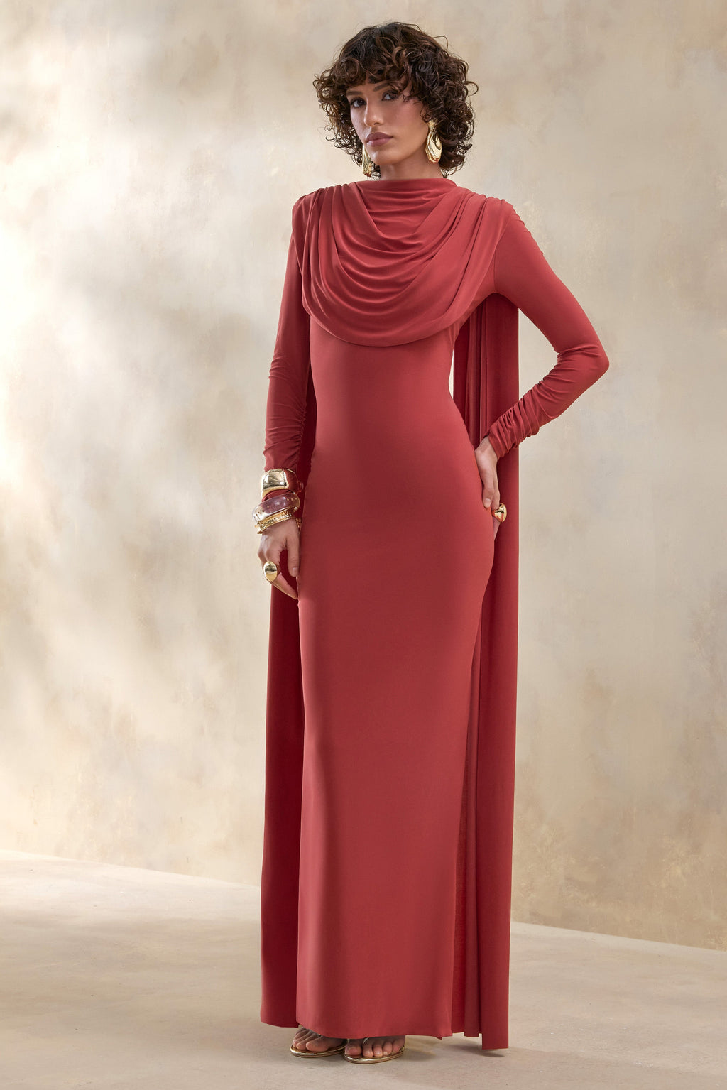 Lysoria | Rust High-Neck Maxi Dress With Draped-Detailing And Cape-Sleeves