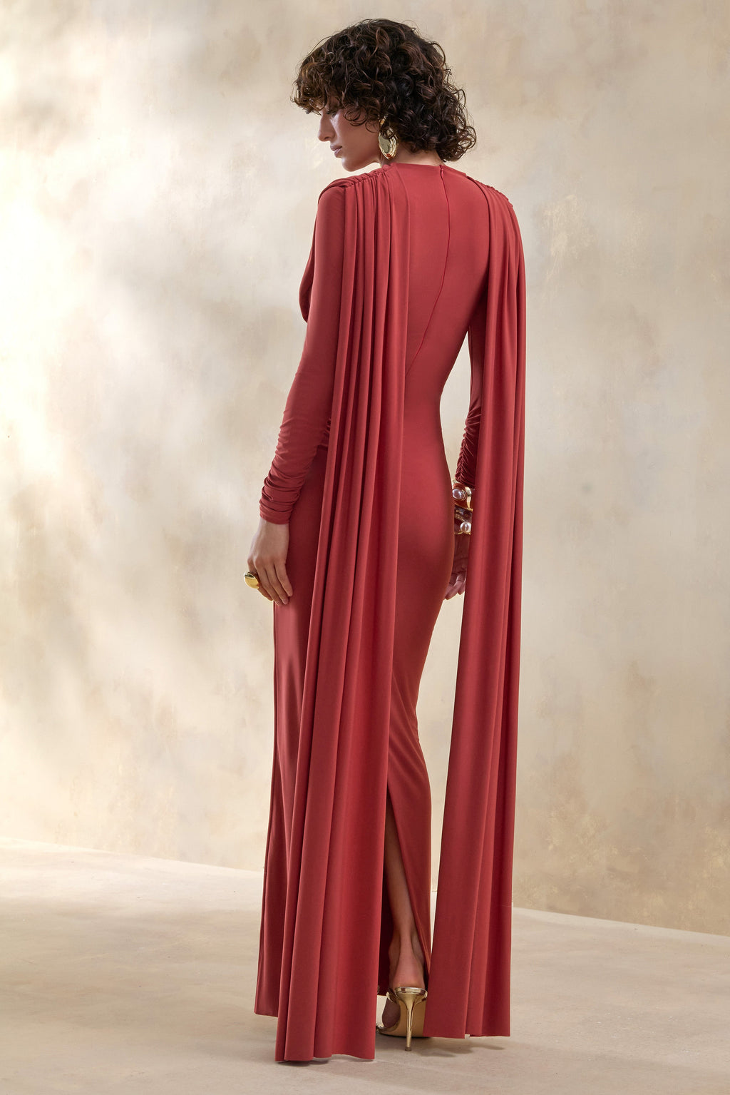 Lysoria | Rust High-Neck Maxi Dress With Draped-Detailing And Cape-Sleeves
