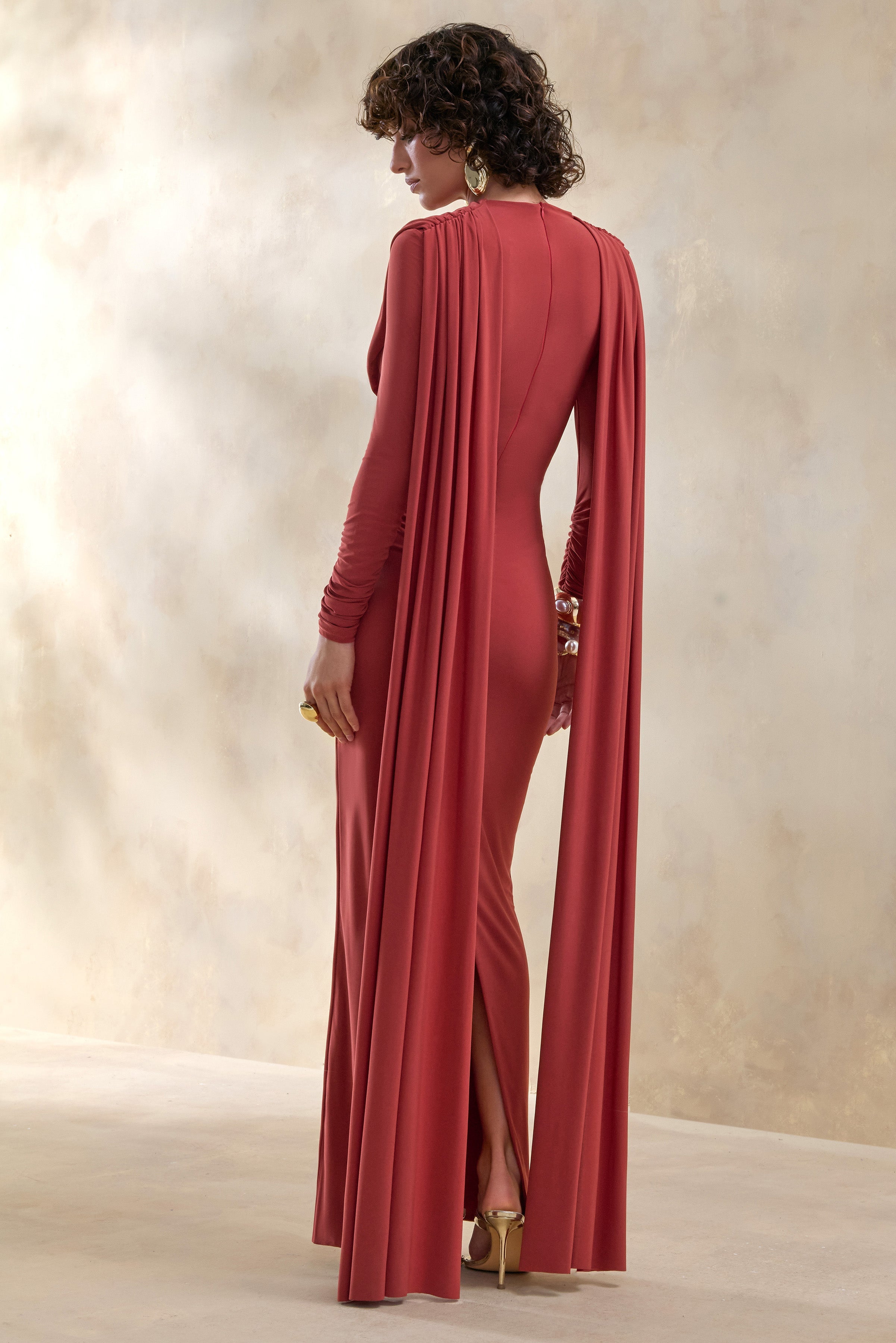 Lysoria | Rust High-Neck Maxi Dress With Draped-Detailing And Cape-Sleeves