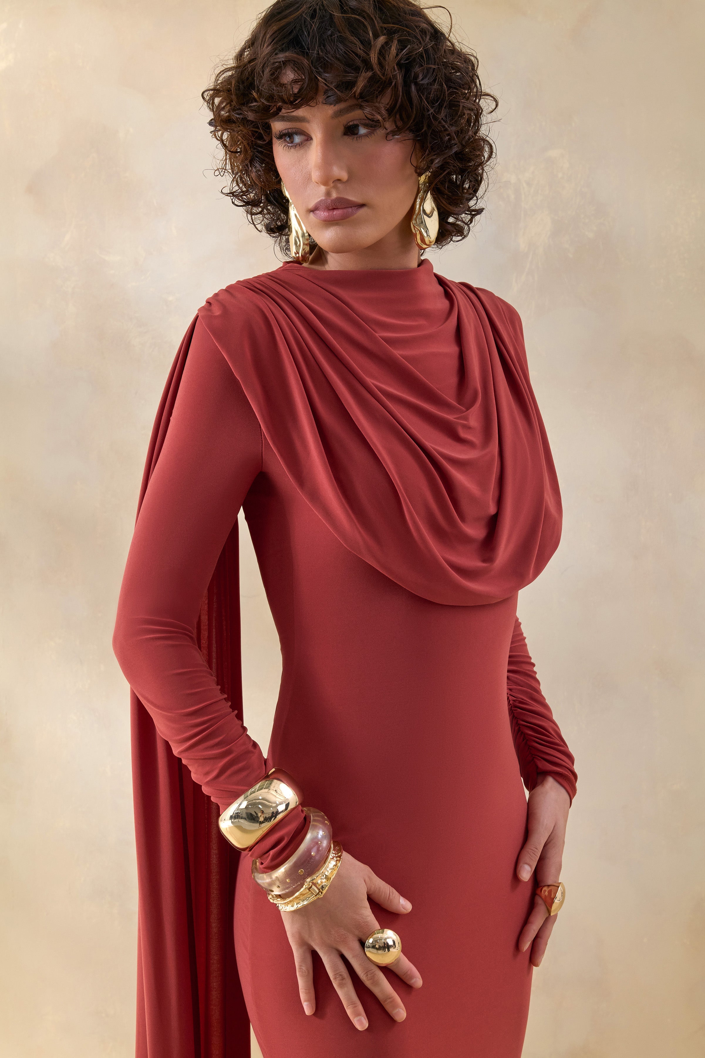 Lysoria | Rust High-Neck Maxi Dress With Draped-Detailing And Cape-Sleeves