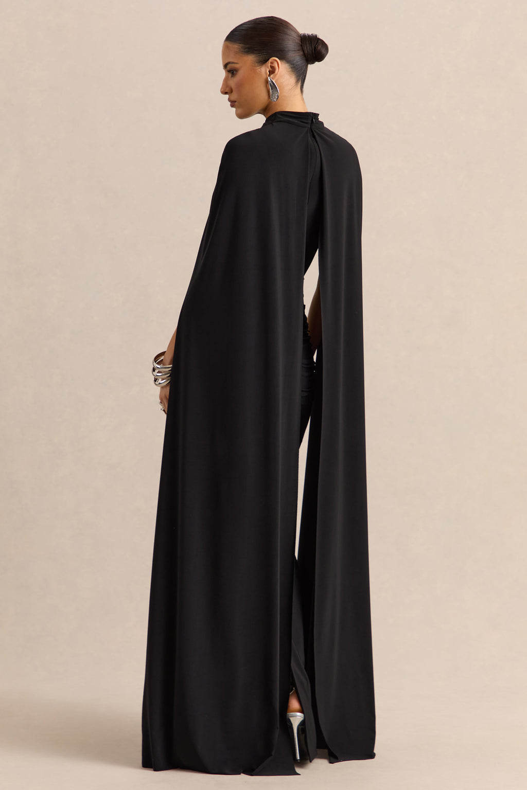 Dianelle | Black High-Neck Maxi Dress With Cape-Sleeves
