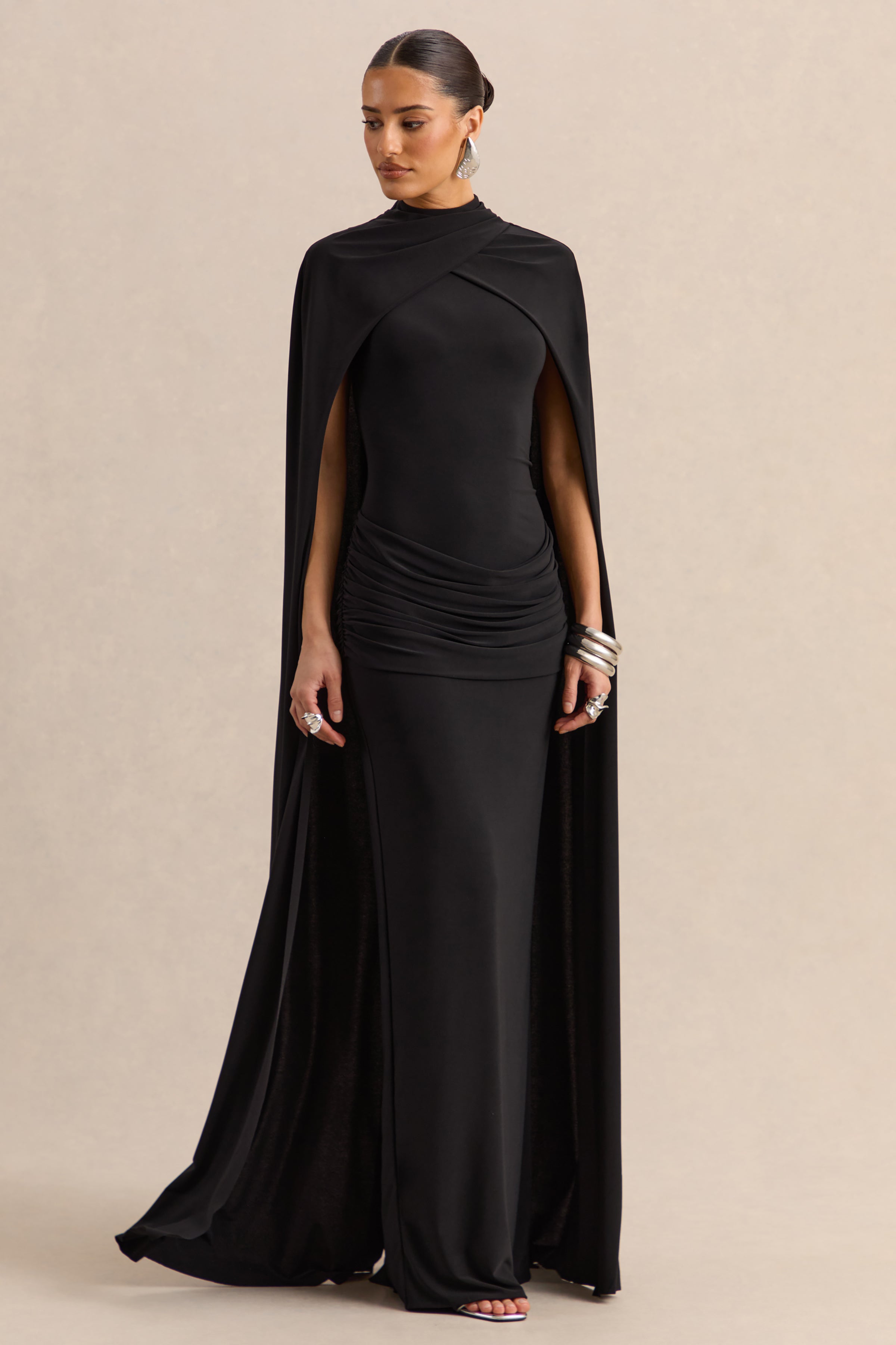 Dianelle | Black High-Neck Maxi Dress With Cape-Sleeves
