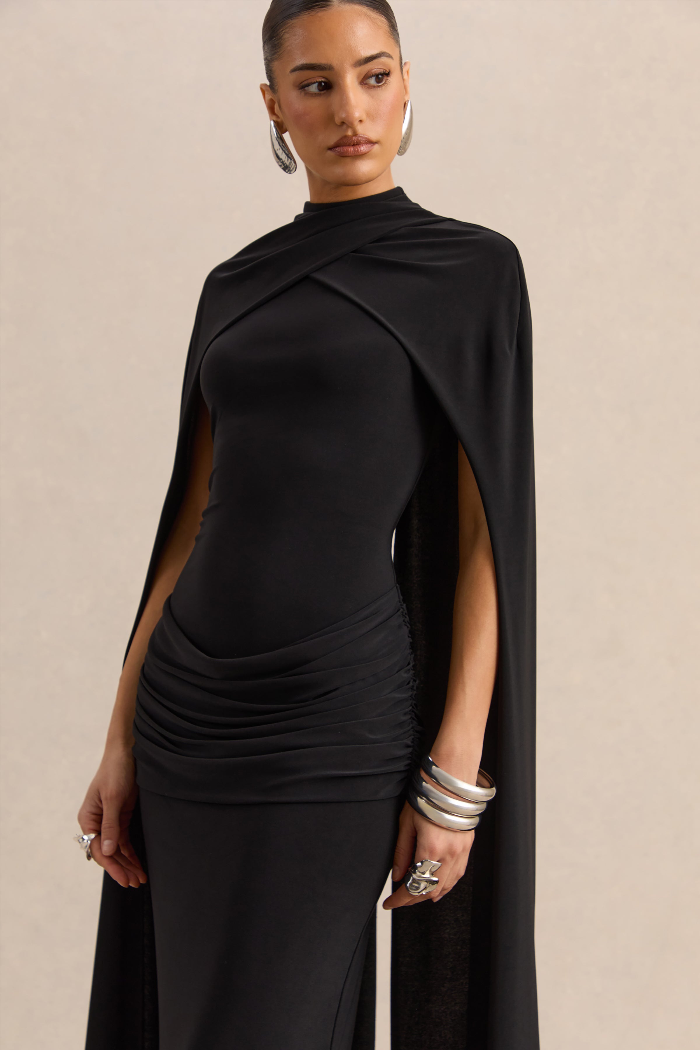 Dianelle | Black High-Neck Maxi Dress With Cape-Sleeves
