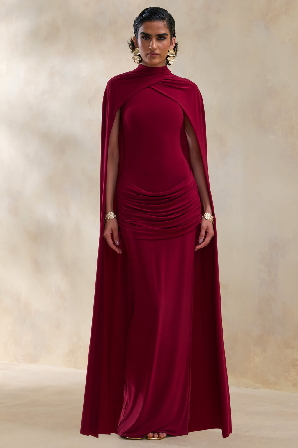 Dianelle | Berry High-Neck Maxi Dress With Cape-Sleeves