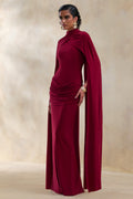 Dianelle | Berry High-Neck Maxi Dress With Cape-Sleeves