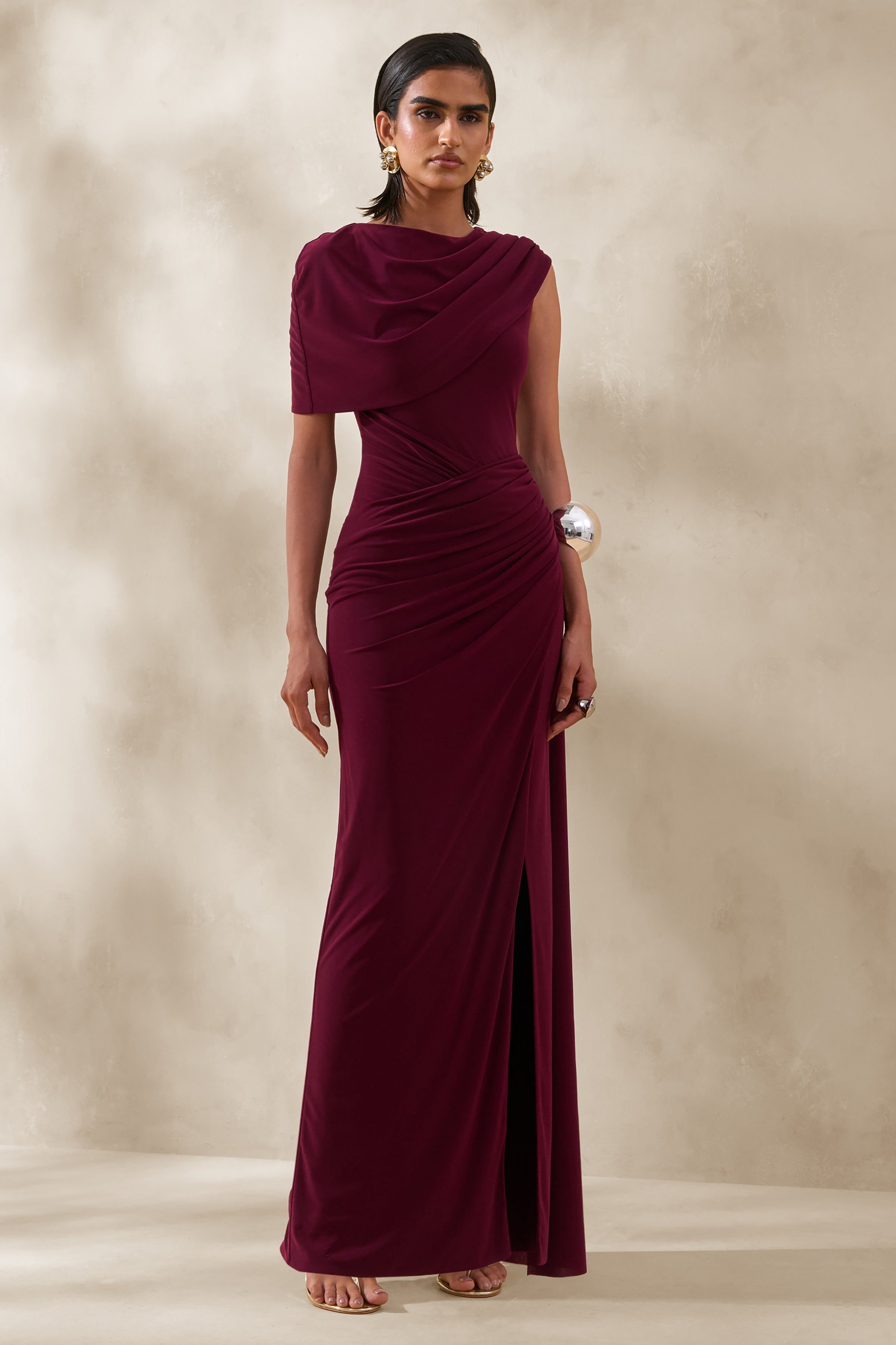 Palomara | Burgundy Round-Neck Maxi Dress With Sash And Front-High Split