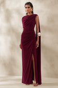 Palomara | Burgundy Round-Neck Maxi Dress With Sash And Front-High Split