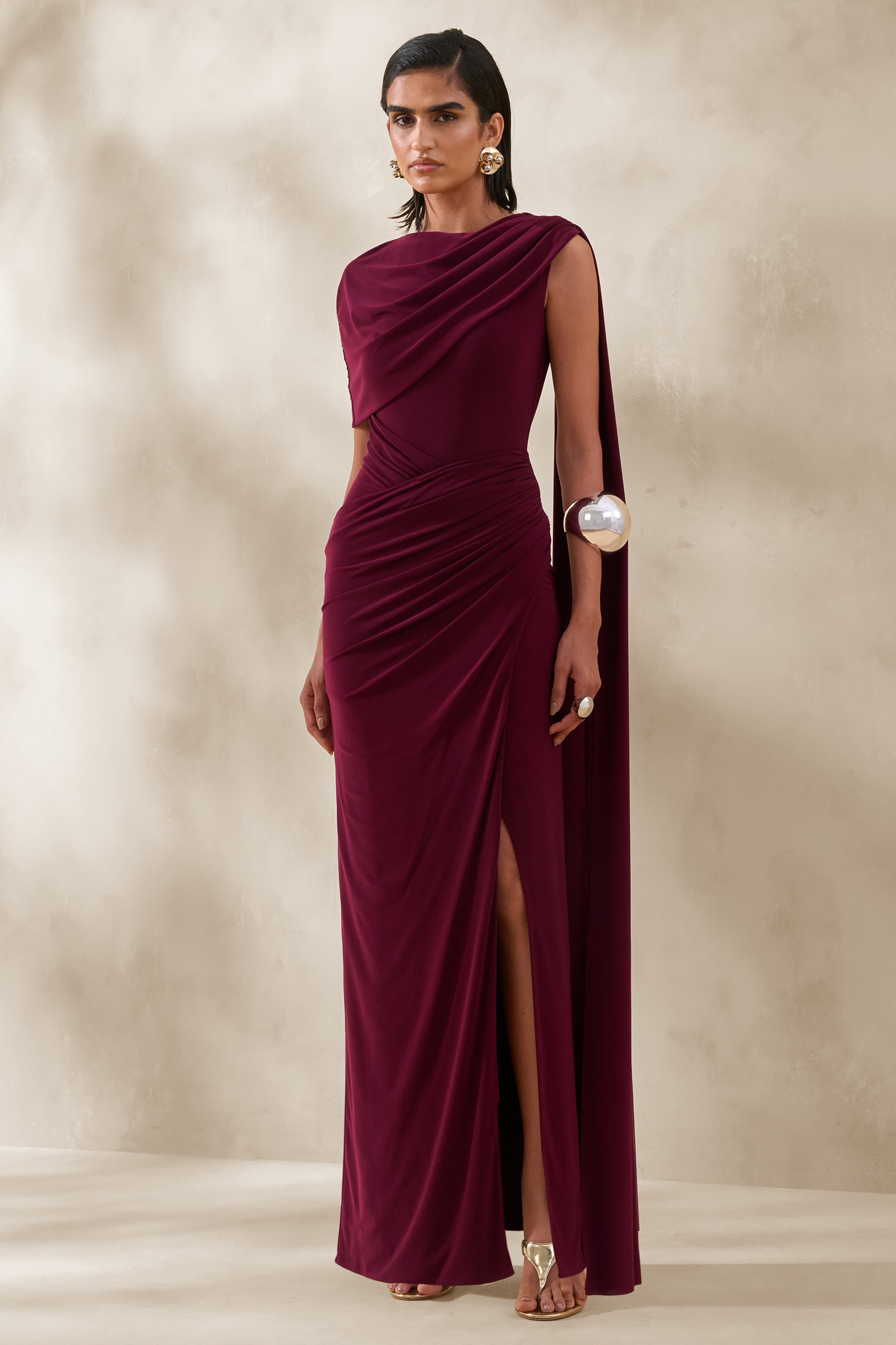 Palomara | Burgundy Round-Neck Maxi Dress With Sash And Front-High Split
