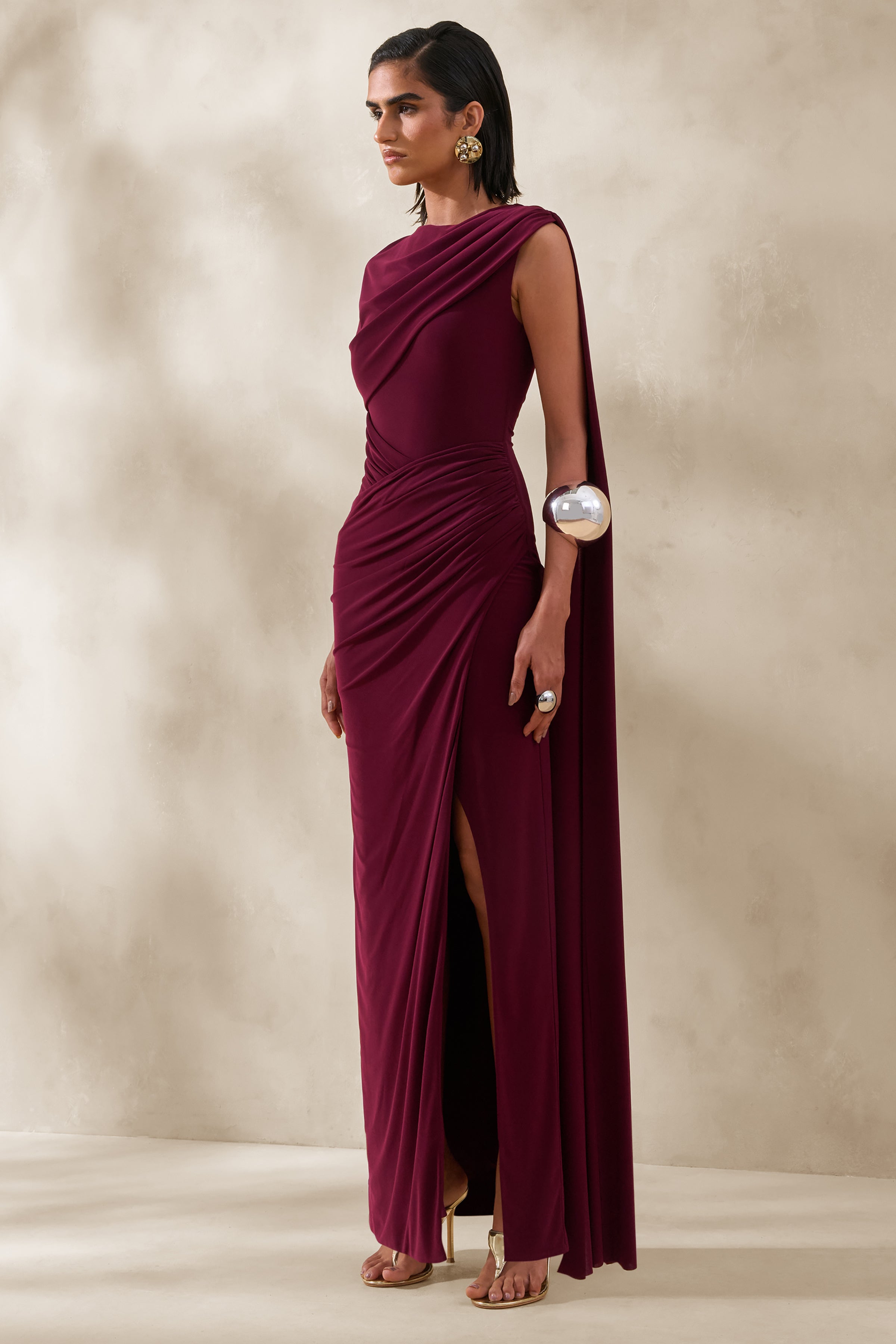 Palomara | Burgundy Round-Neck Maxi Dress With Sash And Front-High Split