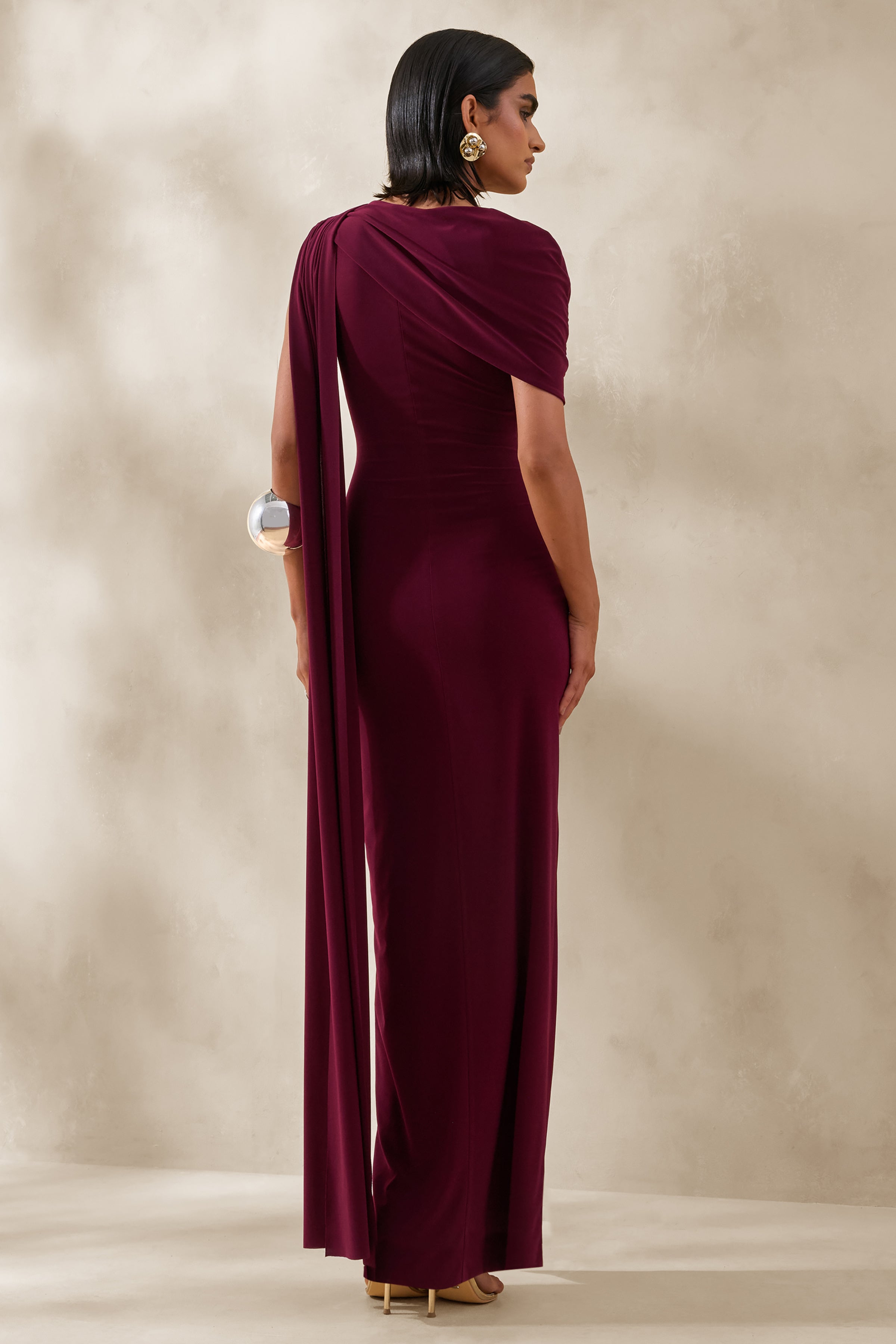 Palomara | Burgundy Round-Neck Maxi Dress With Sash And Front-High Split