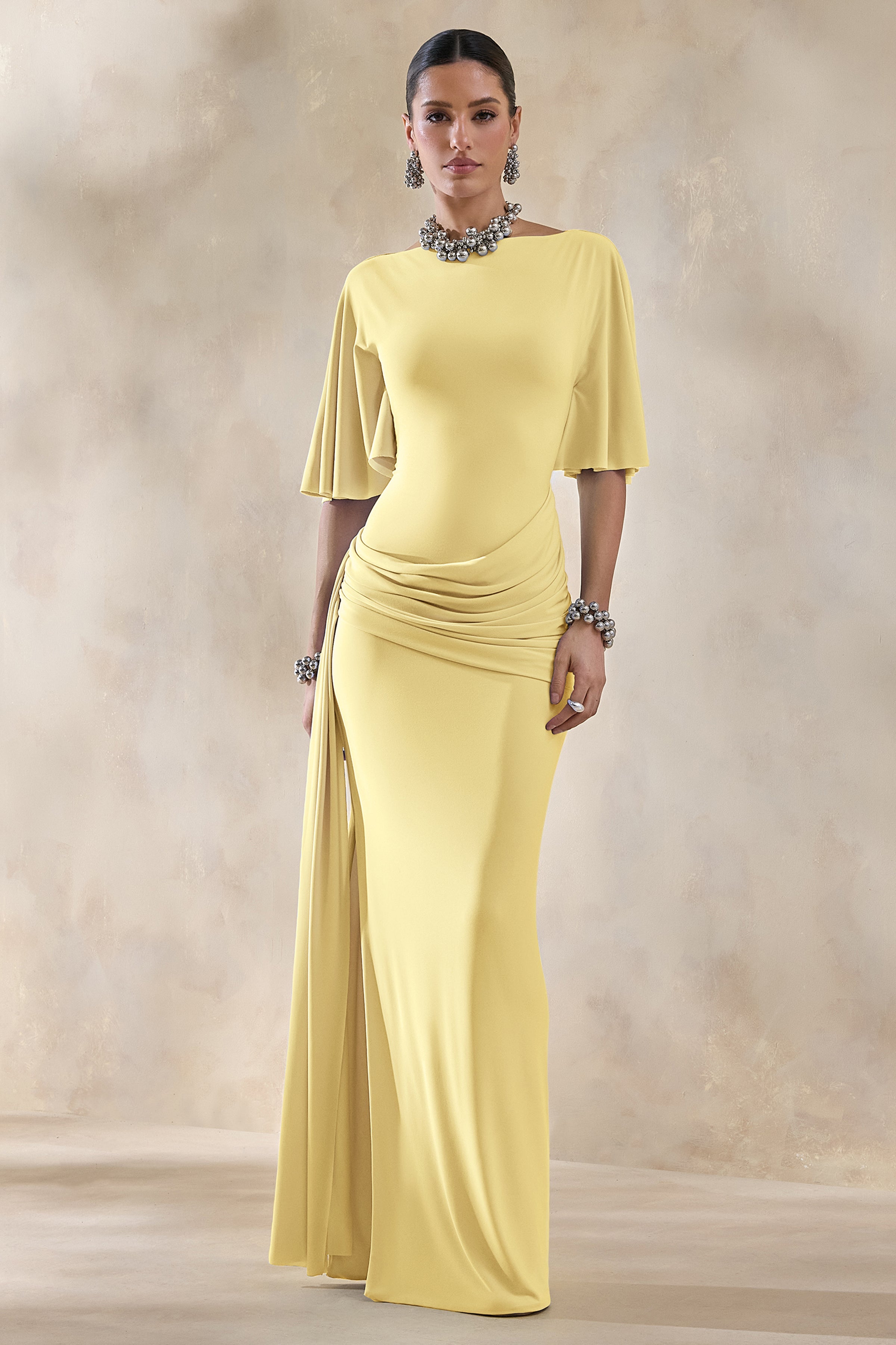 Emerelle | Lemon Wide-Neck Maxi Dress With Sash And Draped-Detailing