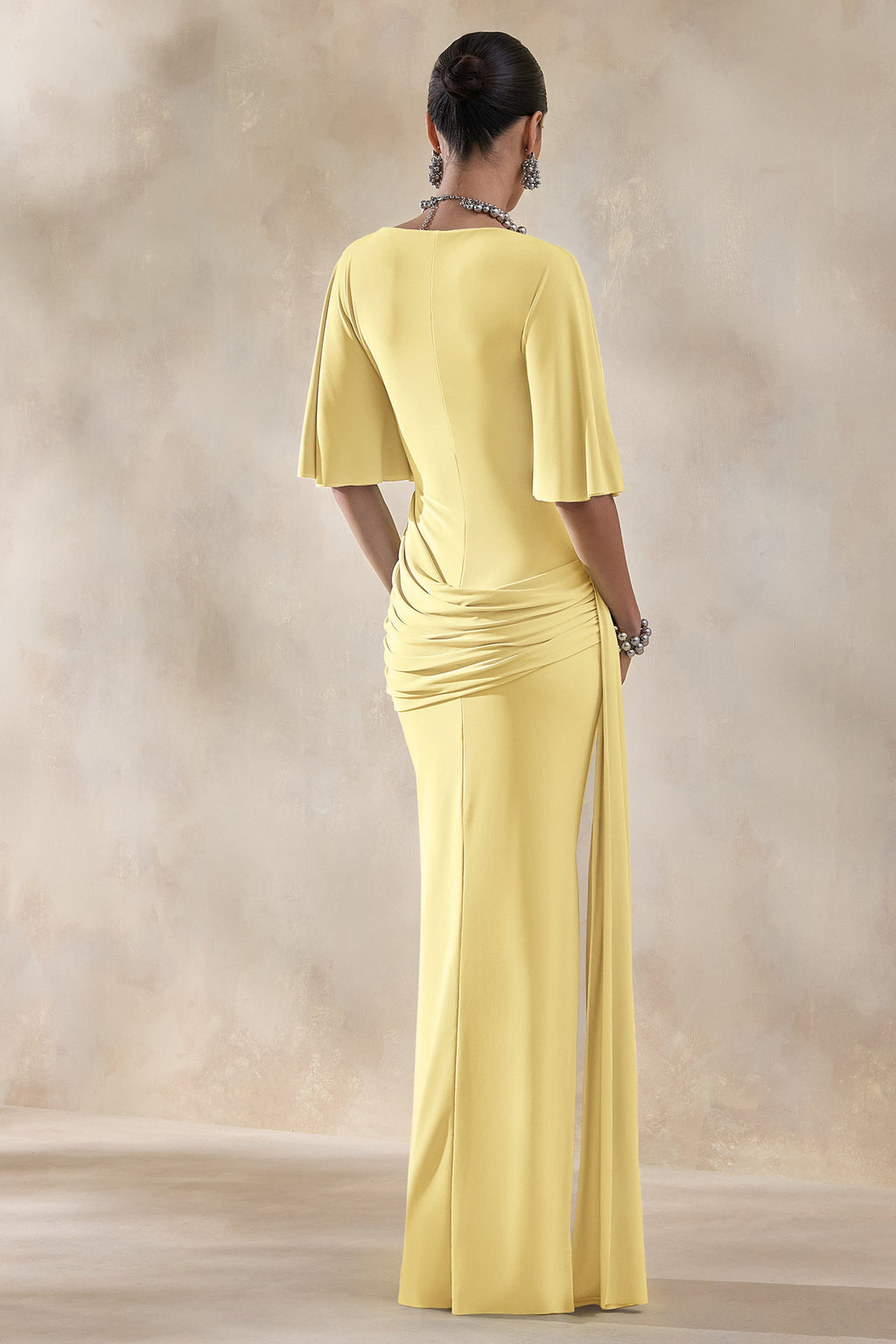 Emerelle | Lemon Wide-Neck Maxi Dress With Sash And Draped-Detailing